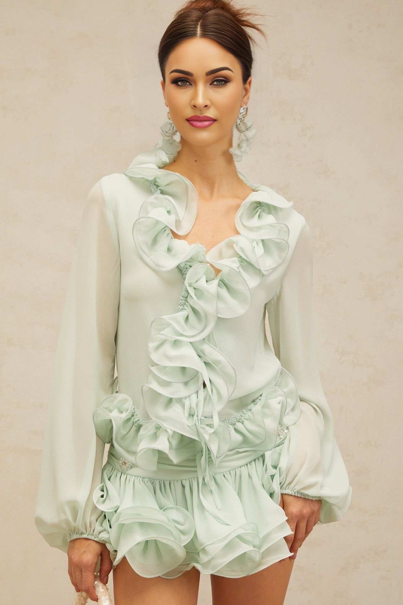 Amber Blouse & Skirt - Chiffon - V - Neckline - Flounced Detailing - Crystal Embellishment