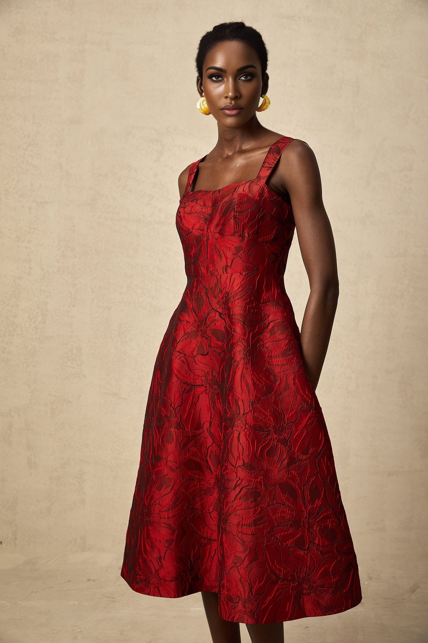 Amber Midi Dress - Sleeveless - Square Neck - Floral Jacquard - Flared Skirt - Side Pockets