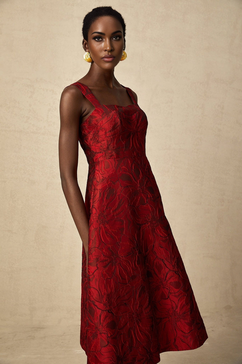 Amber Midi Dress - Sleeveless - Square Neck - Floral Jacquard - Flared Skirt - Side Pockets