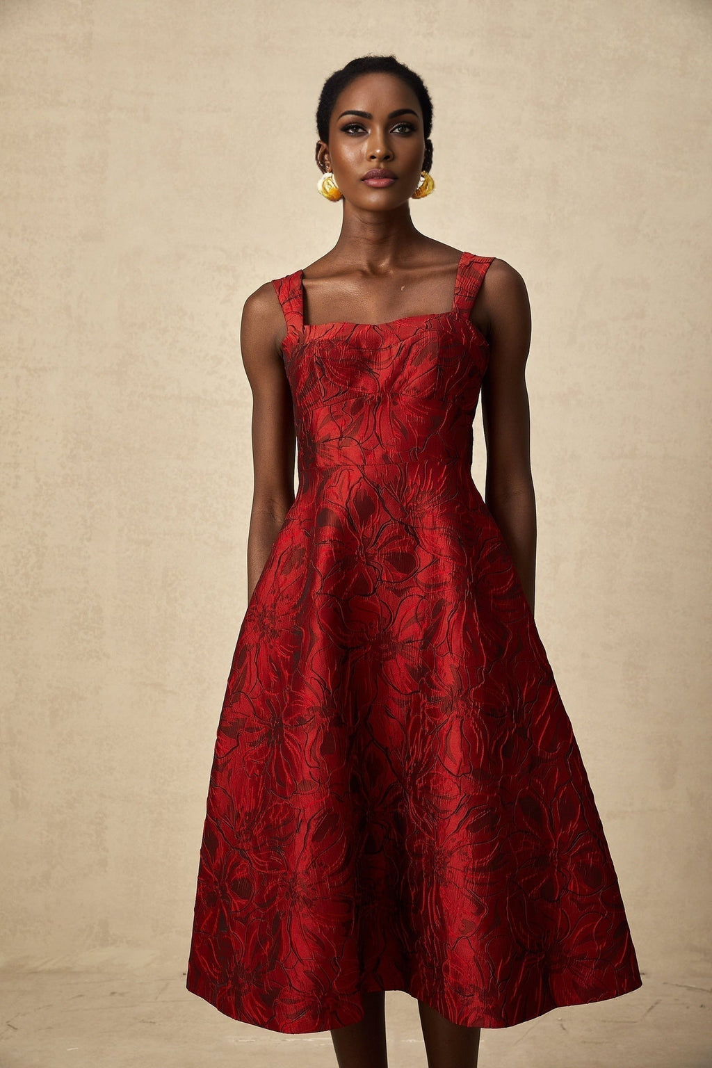 Amber Midi Dress - Sleeveless - Square Neck - Floral Jacquard - Flared Skirt - Side Pockets