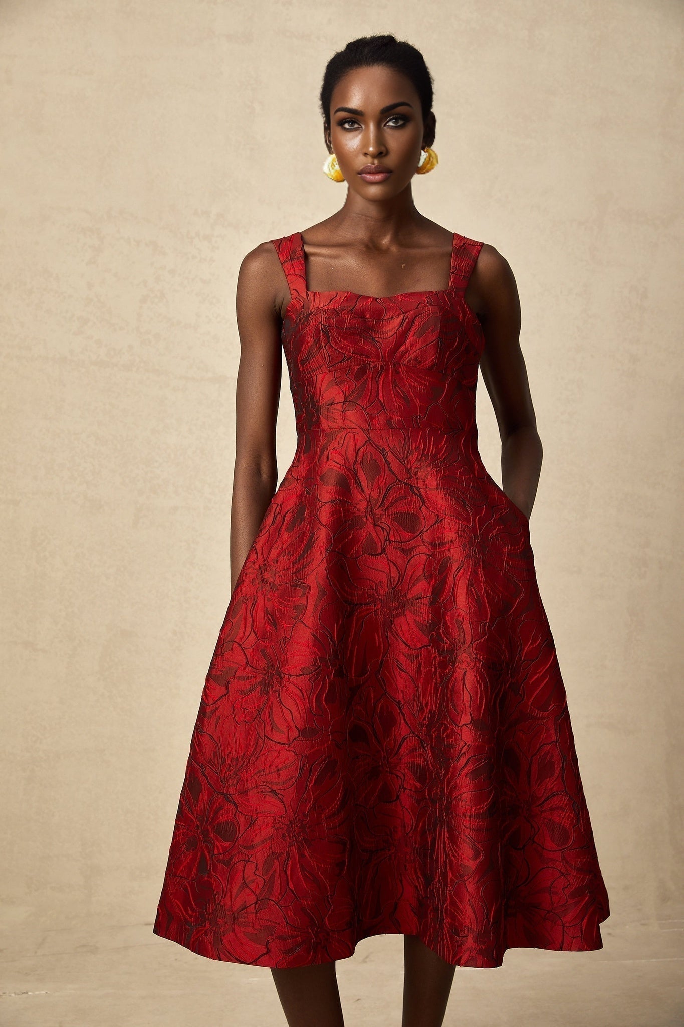 Amber Midi Dress - Sleeveless - Square Neck - Floral Jacquard - Flared Skirt - Side Pockets