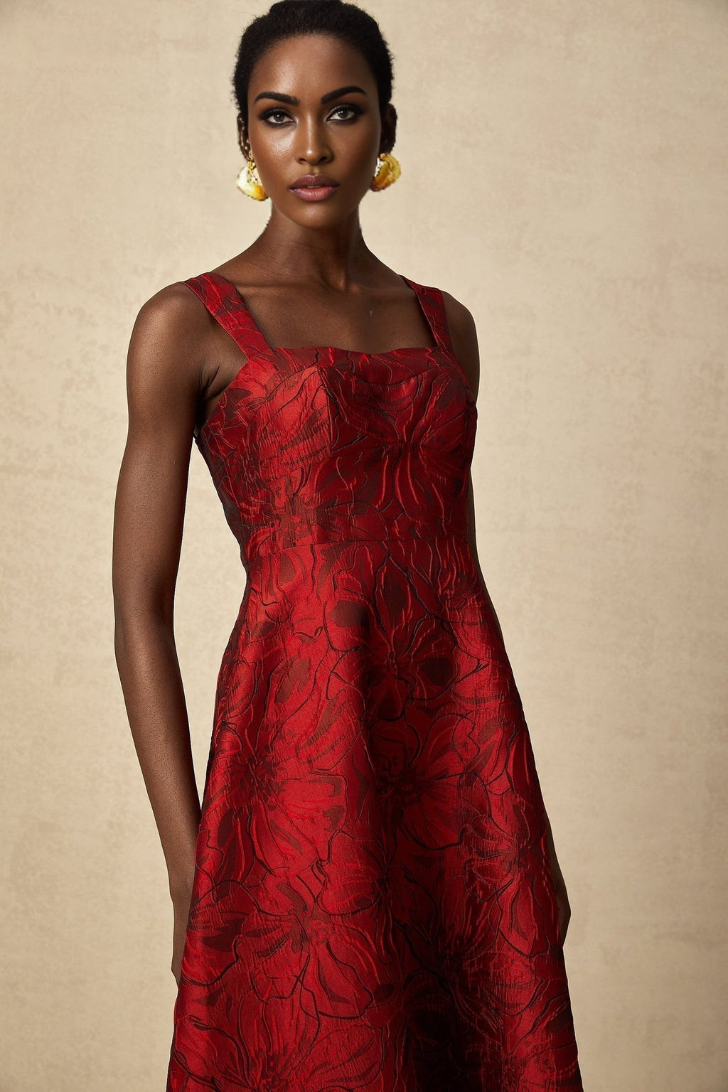 Amber Midi Dress - Sleeveless - Square Neck - Floral Jacquard - Flared Skirt - Side Pockets