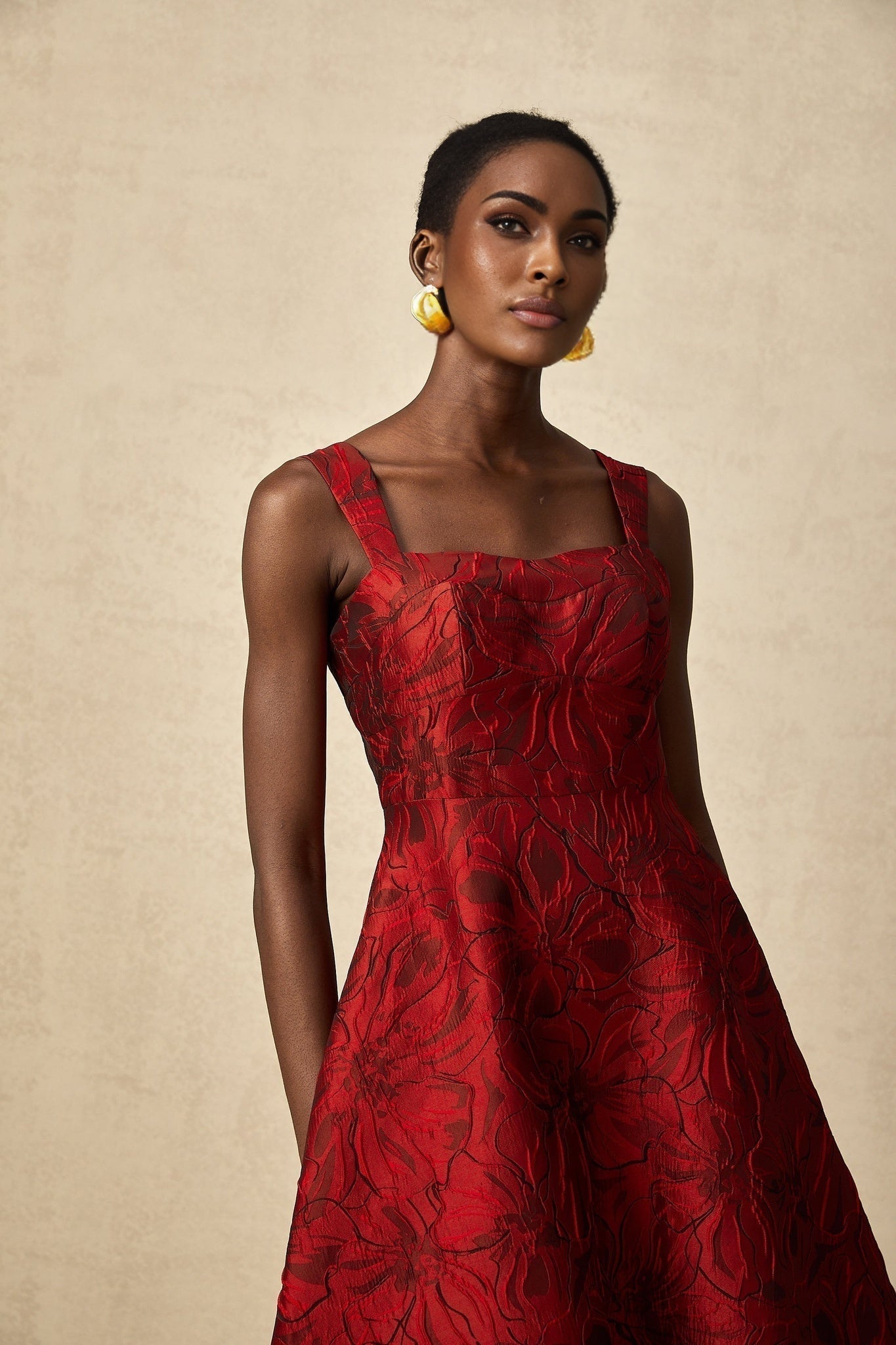 Amber Midi Dress - Sleeveless - Square Neck - Floral Jacquard - Flared Skirt - Side Pockets