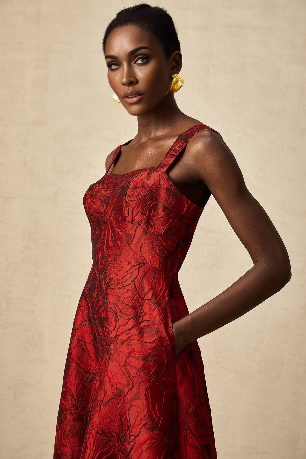 Amber Midi Dress - Sleeveless - Square Neck - Floral Jacquard - Flared Skirt - Side Pockets