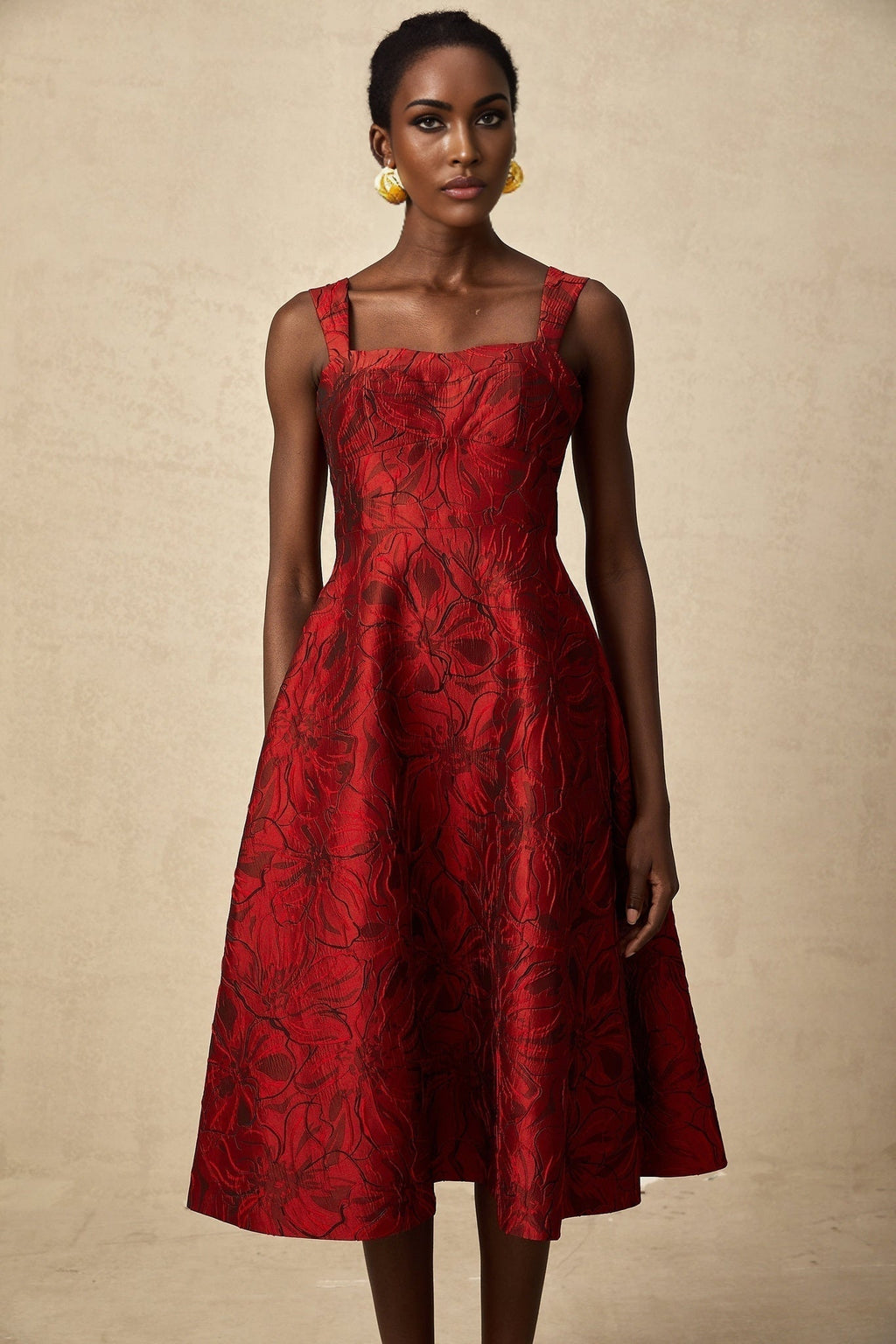 Amber Midi Dress - Sleeveless - Square Neck - Floral Jacquard - Flared Skirt - Side Pockets