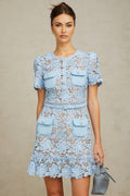 Amber Mini Dress - Guipure Lace - Floral Appliqu Detailing - Crystal - Embellished Buttons - Ruffled Hem