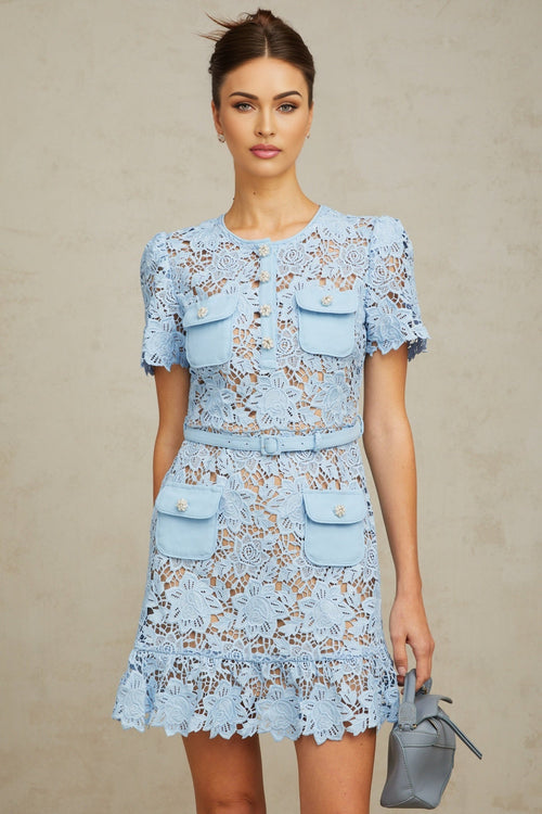 Amber Mini Dress - Guipure Lace - Floral Appliqu Detailing - Crystal - Embellished Buttons - Ruffled Hem