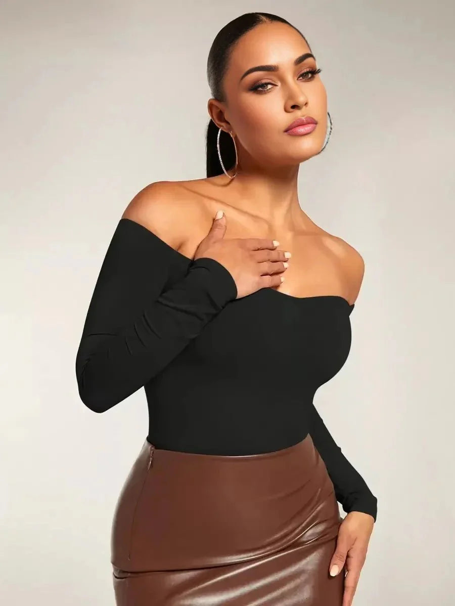 Ambra Bodysuit - Off The Shoulder Neckline - Slim Fit - Casual Style - Long Sleeve Length - Medium Stretch Elasticity - Knitted Fabric