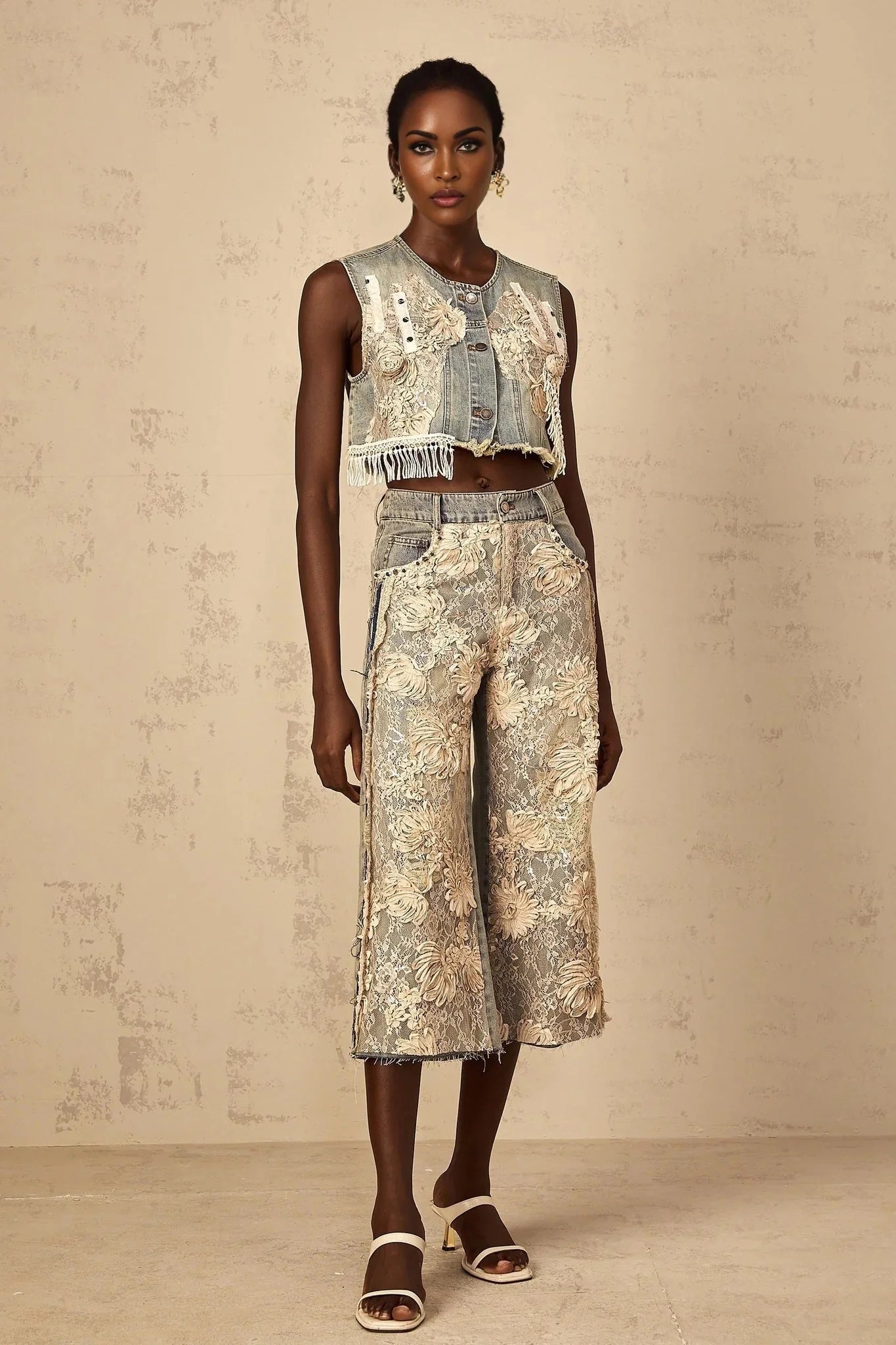Ambra Denim Top Blue Lace - Panelled Cropped Fringed & Floral Embroidered