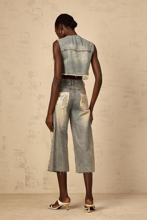 Ambra Denim Top Blue Lace - Panelled Cropped Fringed & Floral Embroidered
