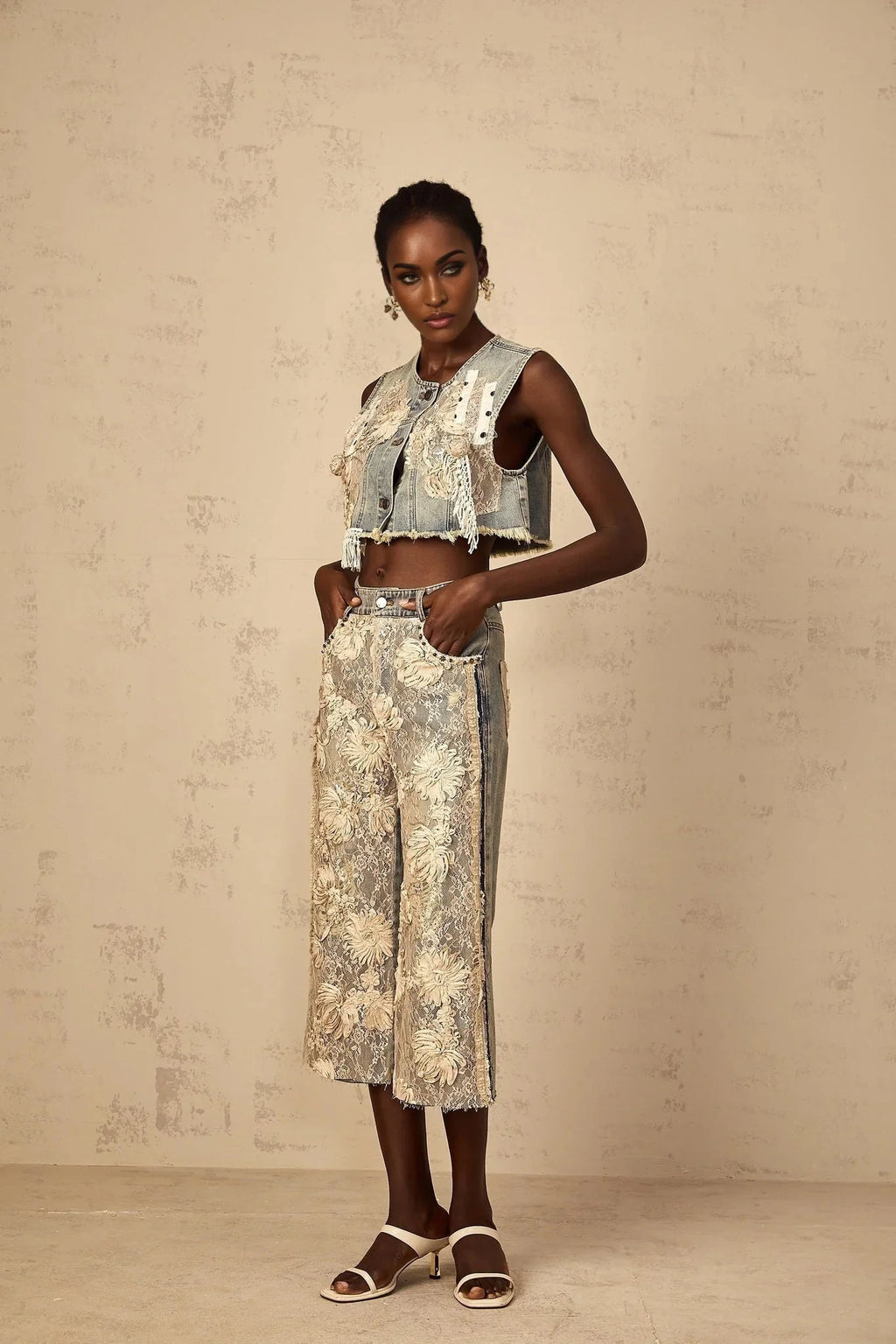 Ambra Denim Top Blue Lace - Panelled Cropped Fringed & Floral Embroidered