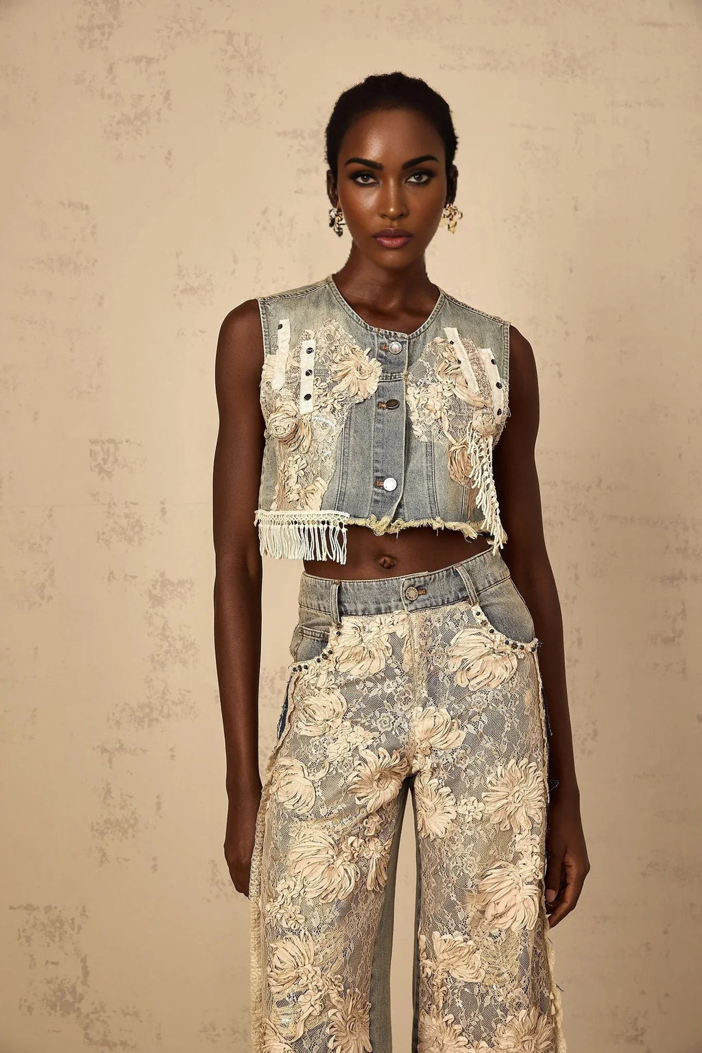 Ambra Denim Top Blue Lace - Panelled Cropped Fringed & Floral Embroidered