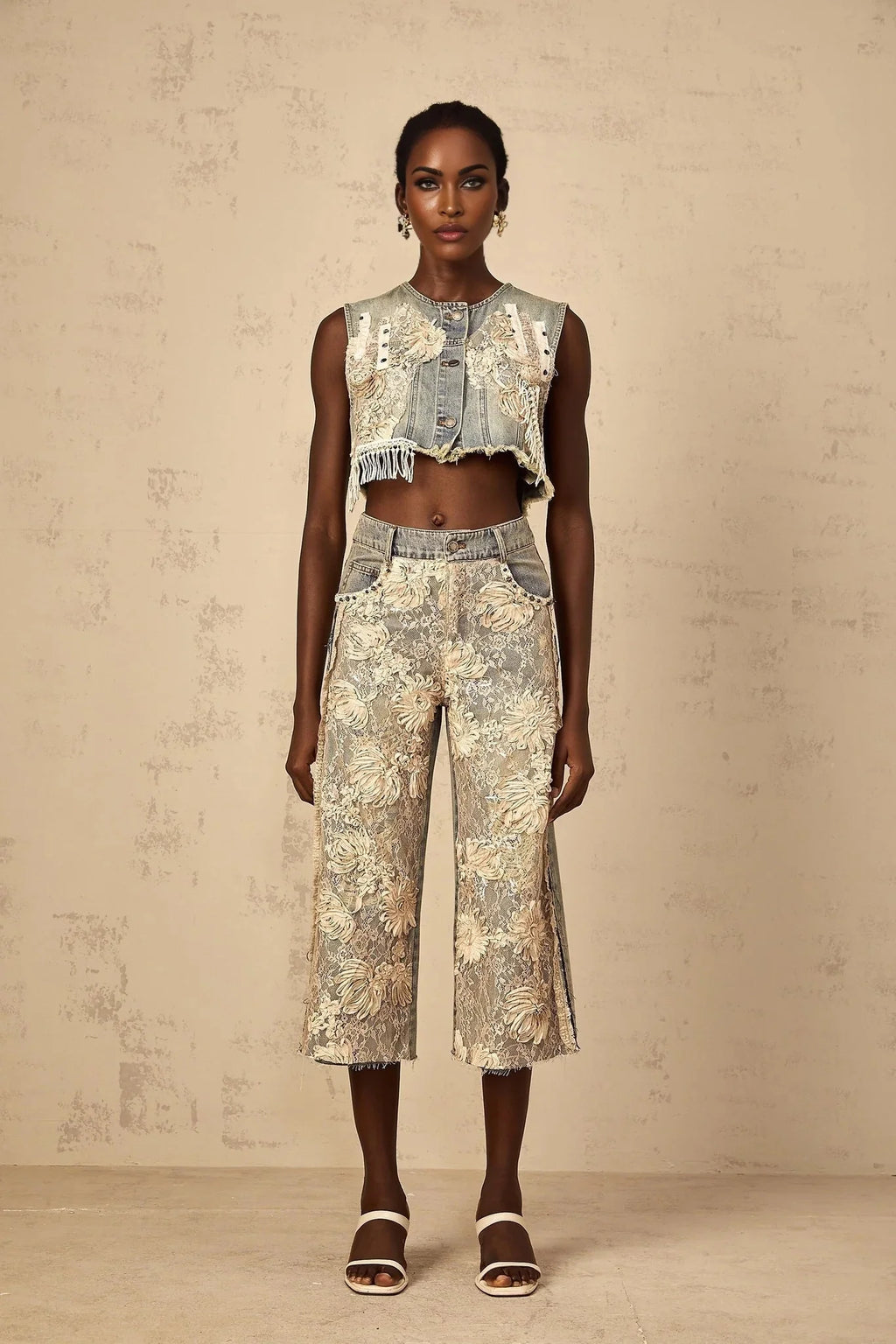 Ambra Denim Top Blue Lace - Panelled Cropped Fringed & Floral Embroidered