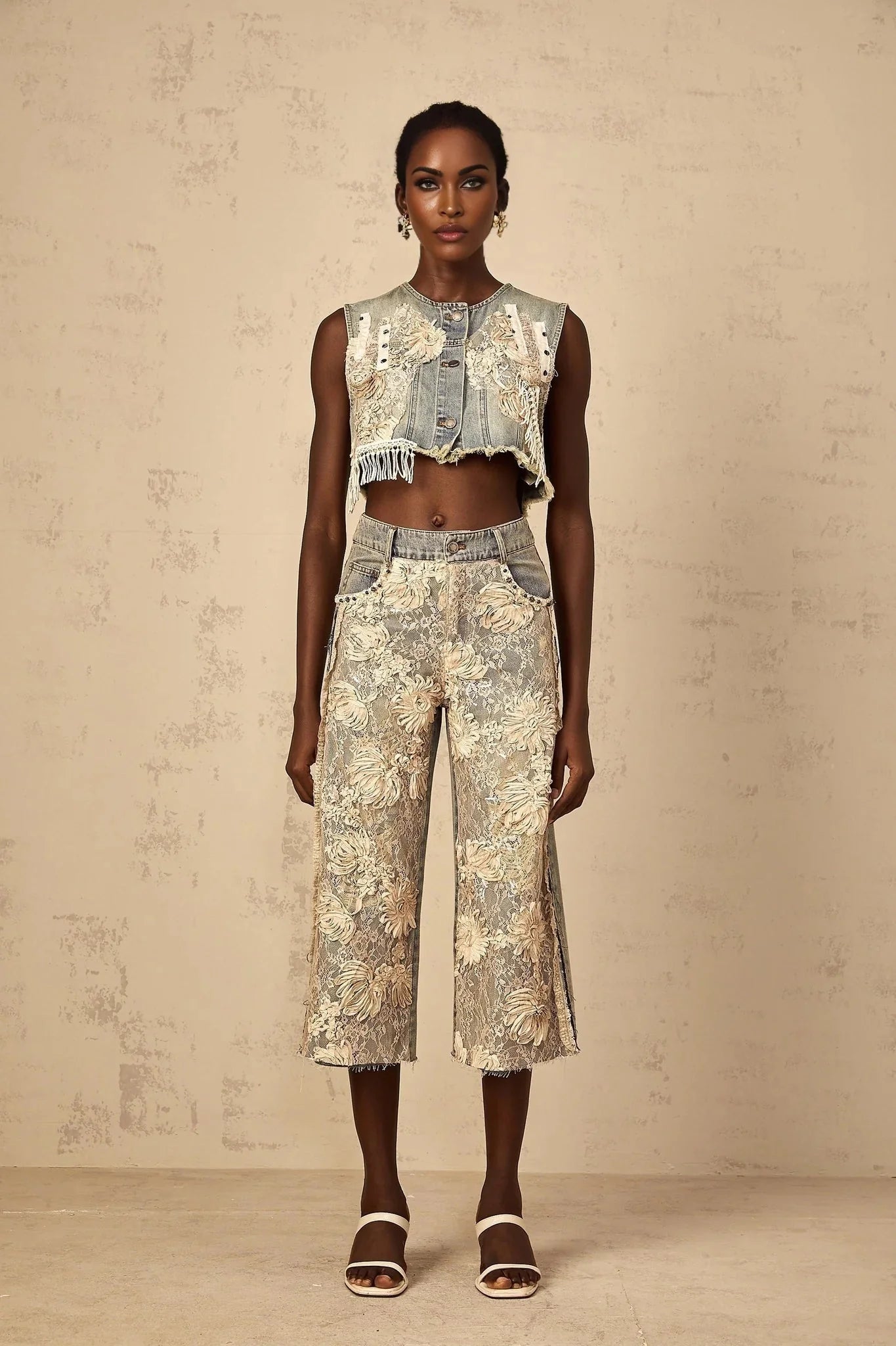 Ambra Denim Top Blue Lace - Panelled Cropped Fringed & Floral Embroidered
