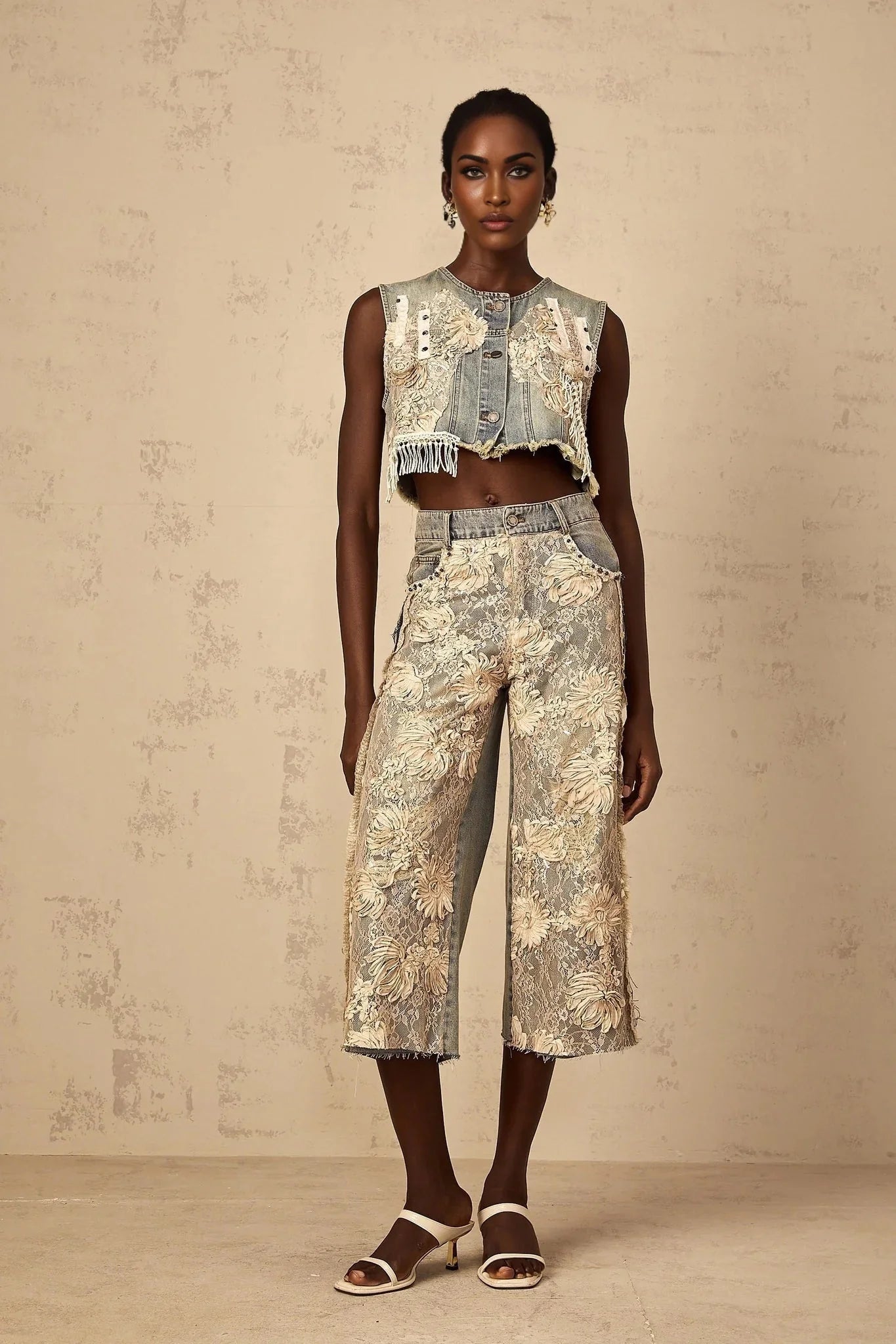Ambra Denim Top Blue Lace - Panelled Cropped Fringed & Floral Embroidered