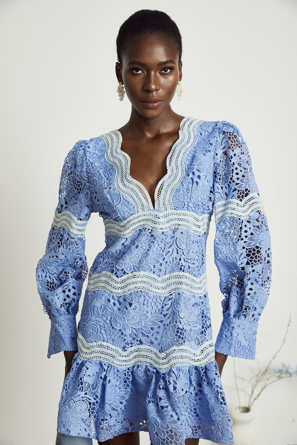 Ambra Floral Midi Dress - V - Neck Long Sleeves - Open - Back Detail - Whimsical Flounce Hem - A - Line Silhouette