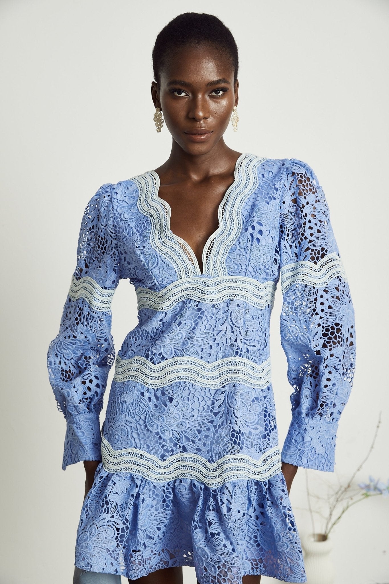 Ambra Floral Midi Dress - V - Neck Long Sleeves - Open - Back Detail - Whimsical Flounce Hem - A - Line Silhouette