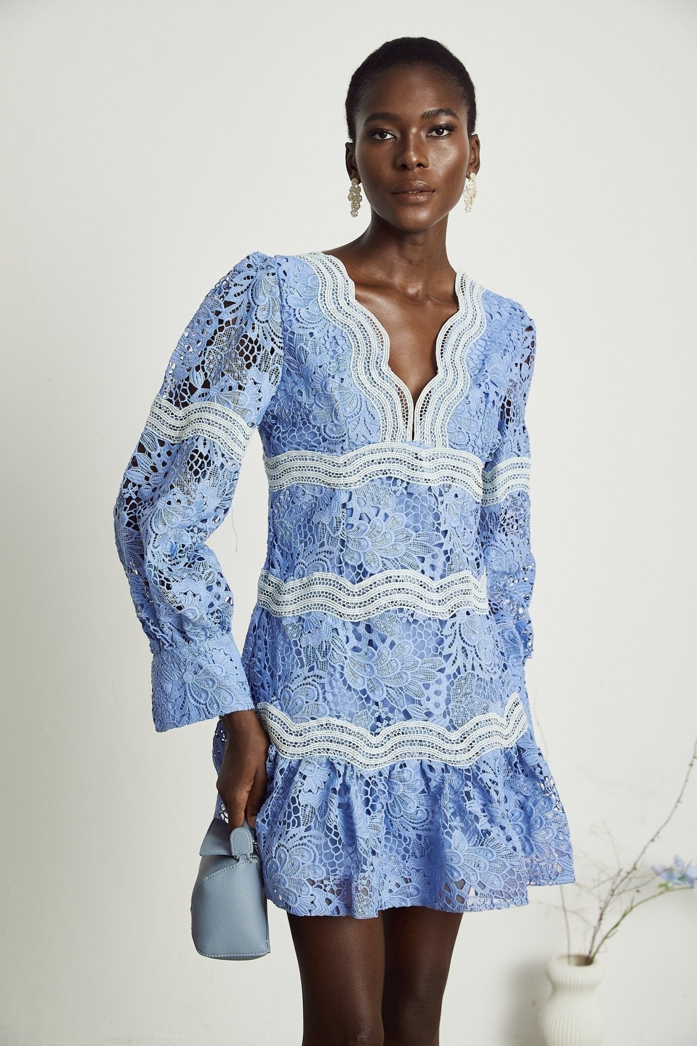Ambra Floral Midi Dress - V - Neck Long Sleeves - Open - Back Detail - Whimsical Flounce Hem - A - Line Silhouette