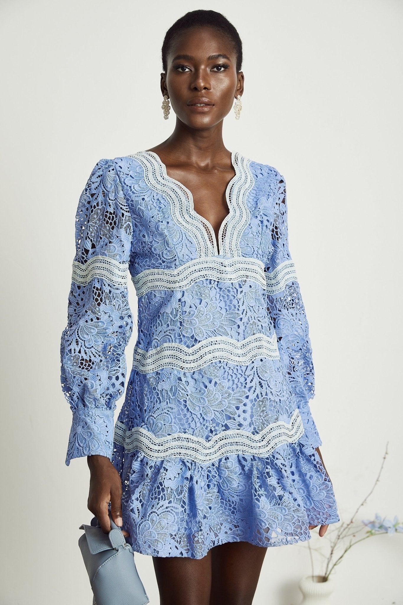 Ambra Floral Midi Dress - V - Neck Long Sleeves - Open - Back Detail - Whimsical Flounce Hem - A - Line Silhouette