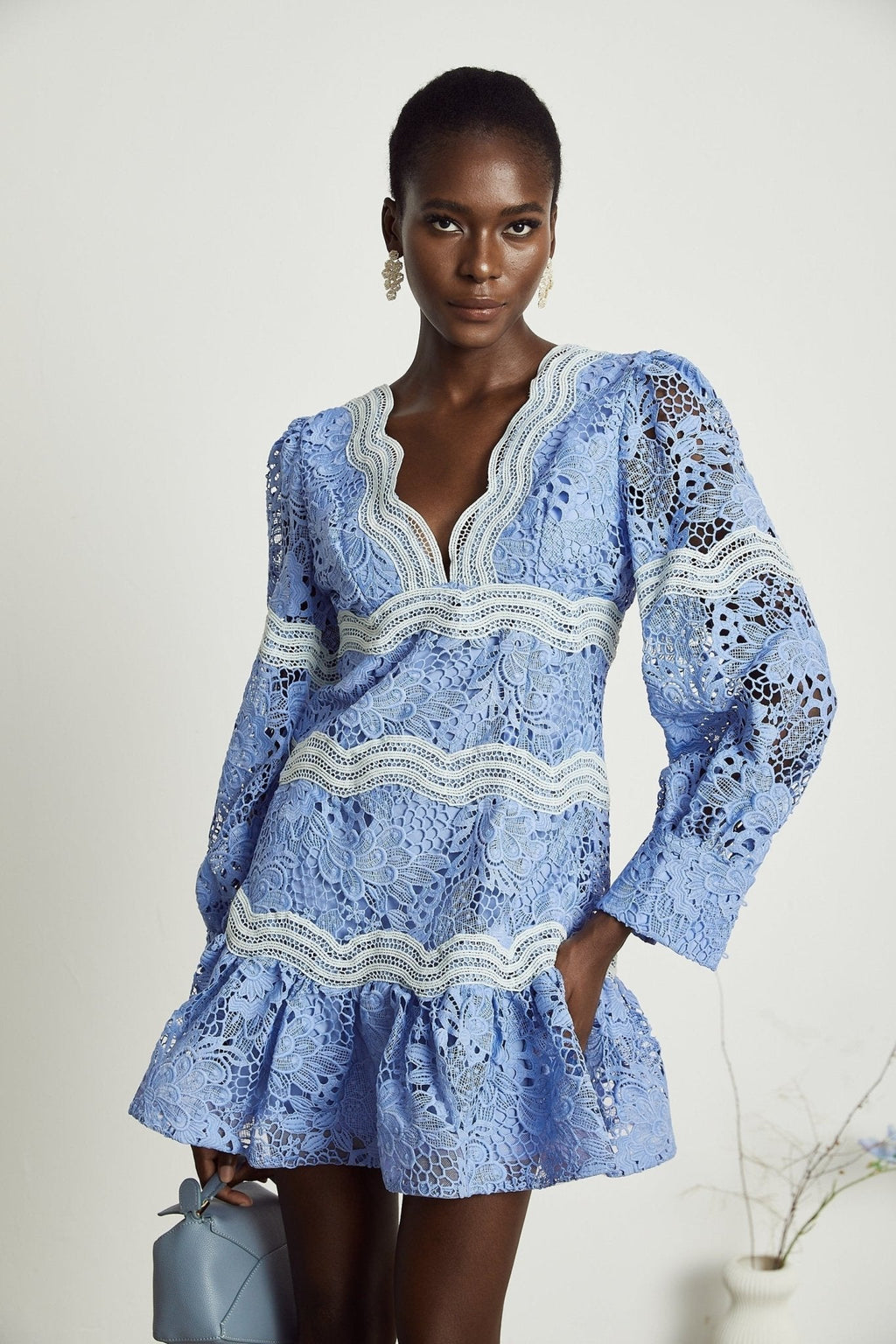 Ambra Floral Midi Dress - V - Neck Long Sleeves - Open - Back Detail - Whimsical Flounce Hem - A - Line Silhouette