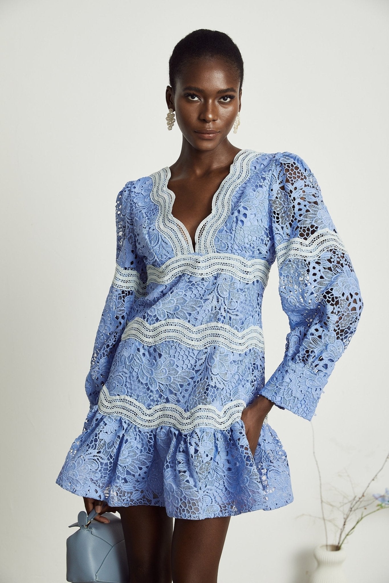 Ambra Floral Midi Dress - V - Neck Long Sleeves - Open - Back Detail - Whimsical Flounce Hem - A - Line Silhouette