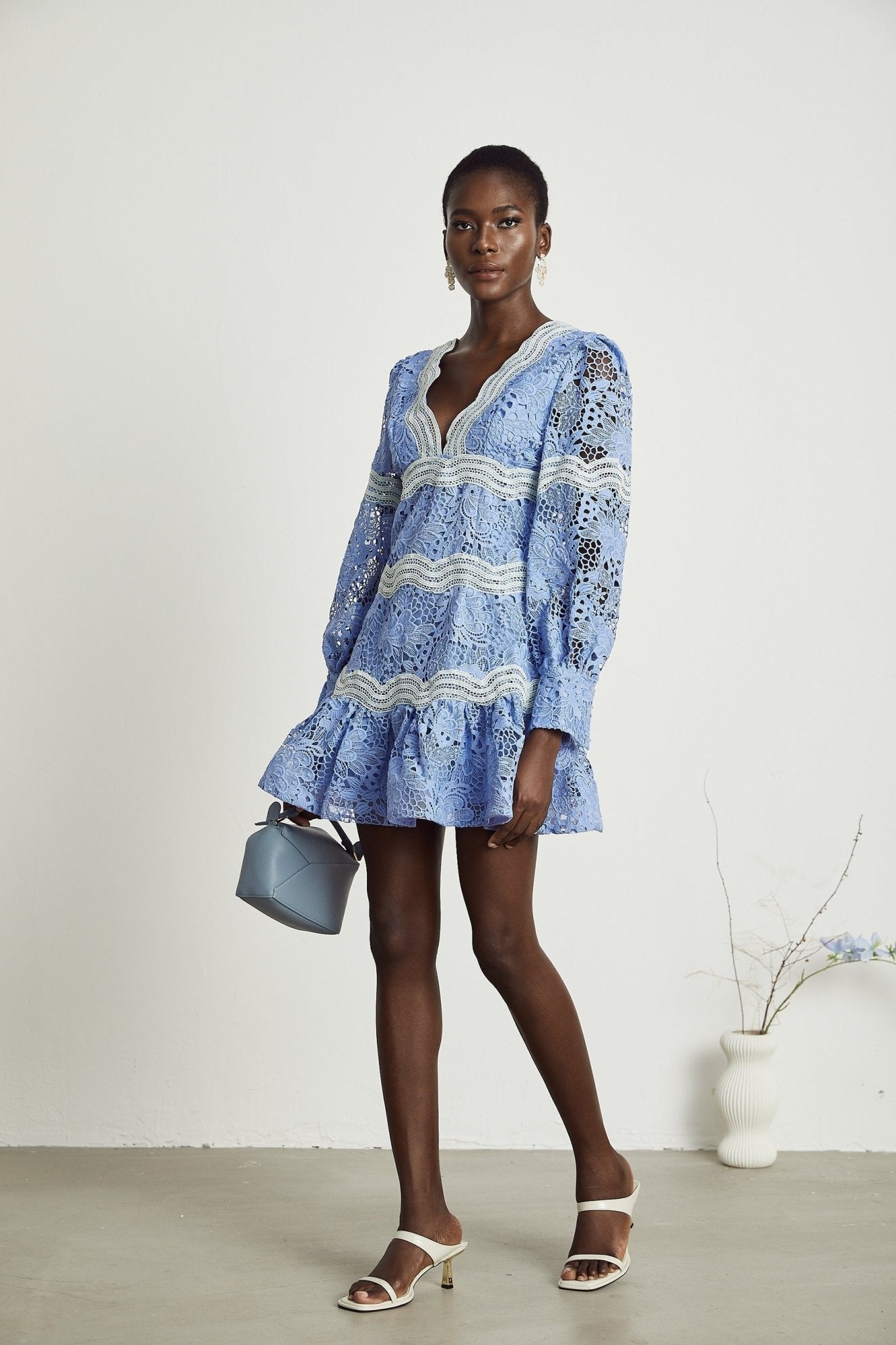 Ambra Floral Midi Dress - V - Neck Long Sleeves - Open - Back Detail - Whimsical Flounce Hem - A - Line Silhouette