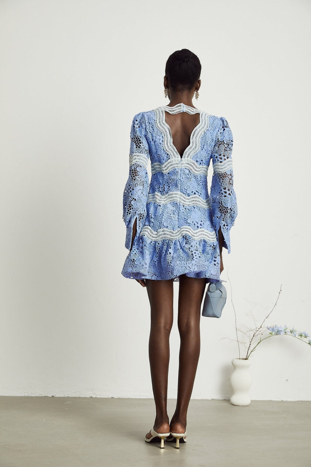 Ambra Floral Midi Dress - V - Neck Long Sleeves - Open - Back Detail - Whimsical Flounce Hem - A - Line Silhouette