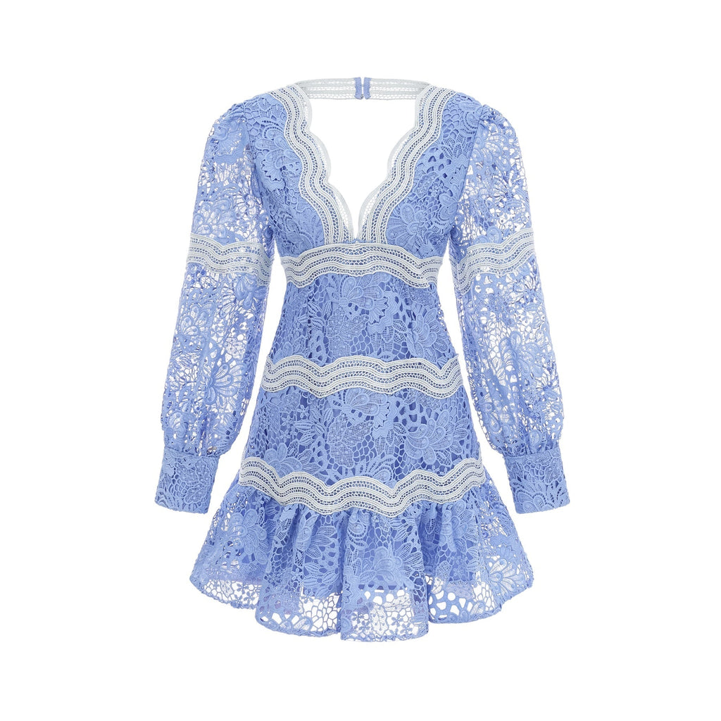 Ambra Floral Midi Dress - V - Neck Long Sleeves - Open - Back Detail - Whimsical Flounce Hem - A - Line Silhouette