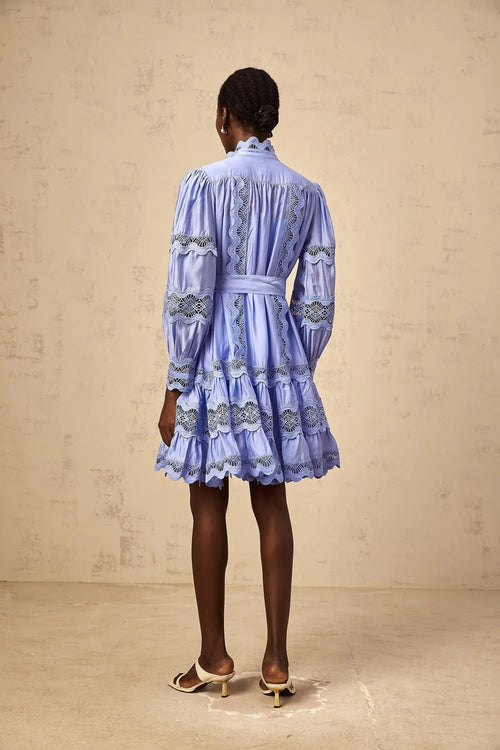 Ambra Mini Dress Blue Cut - Out Embroidered Tiered & Tied
