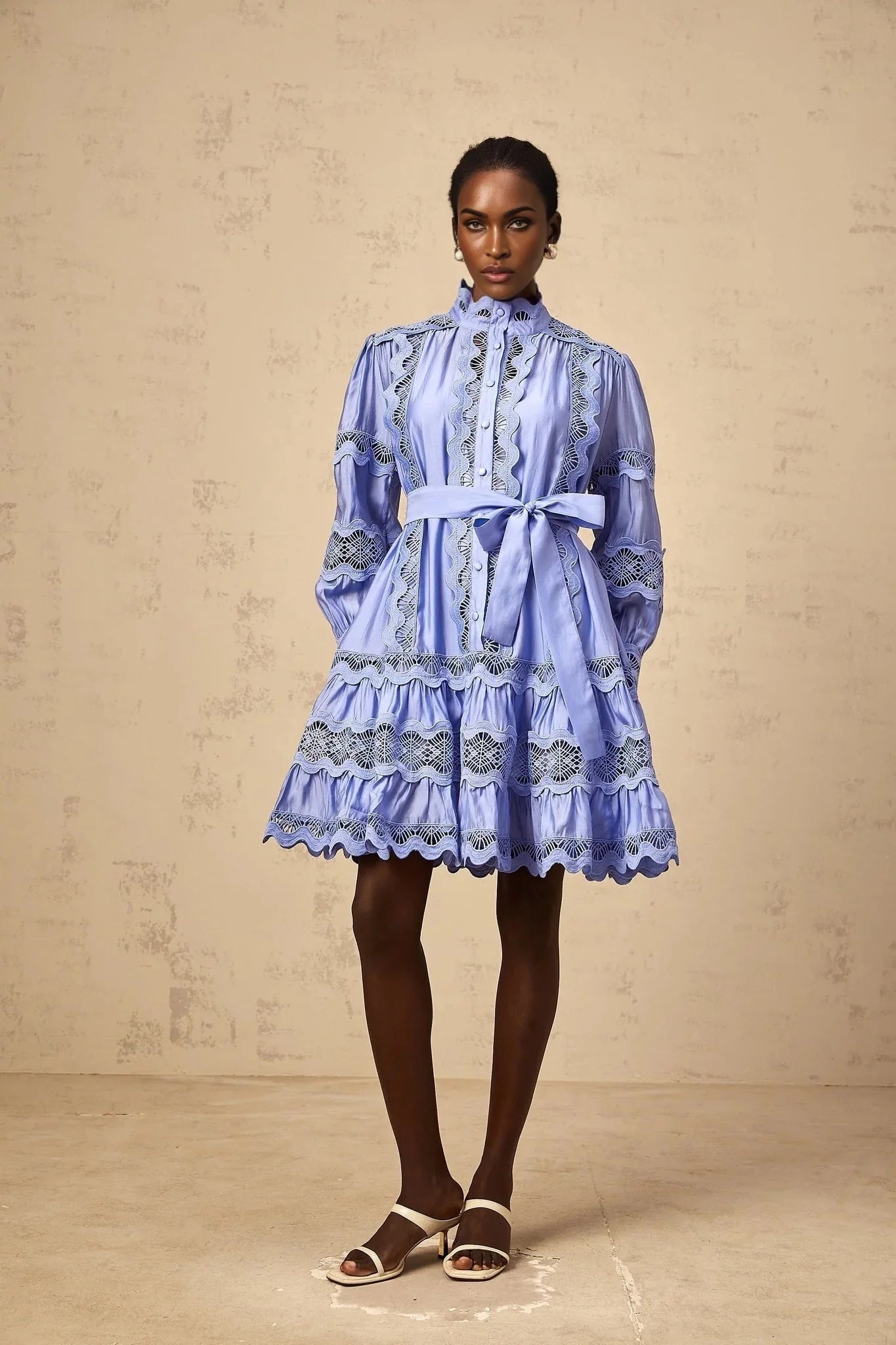 Ambra Mini Dress Blue Cut - Out Embroidered Tiered & Tied