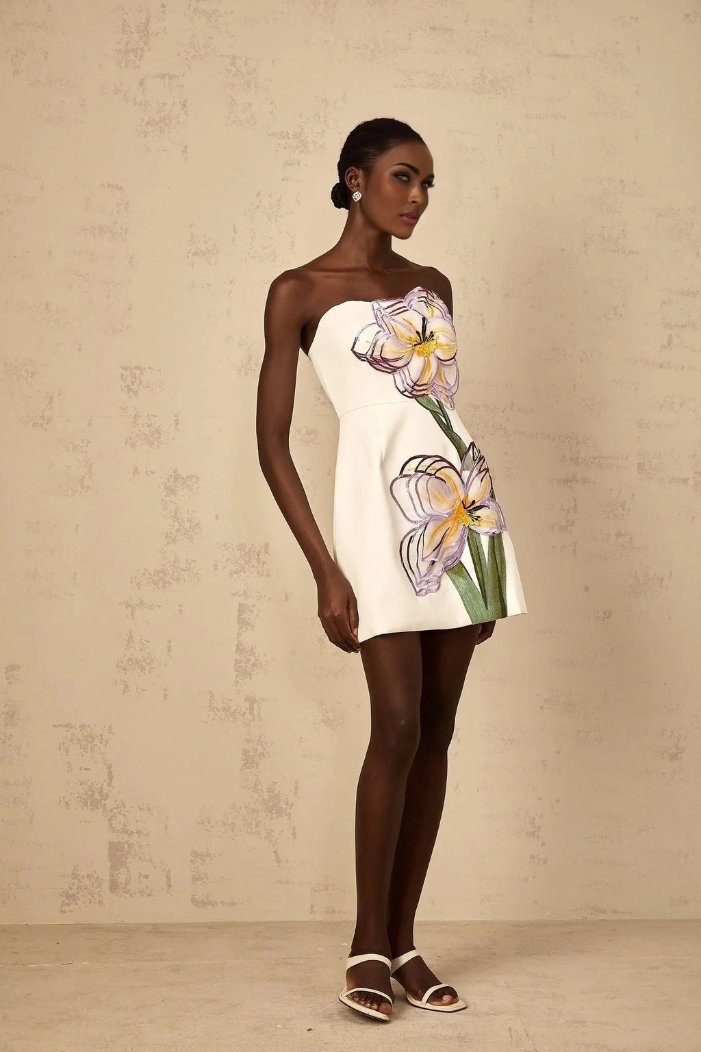 Ambra Mini Dress Sequin Floral Off - Shoulder White & Multicolor