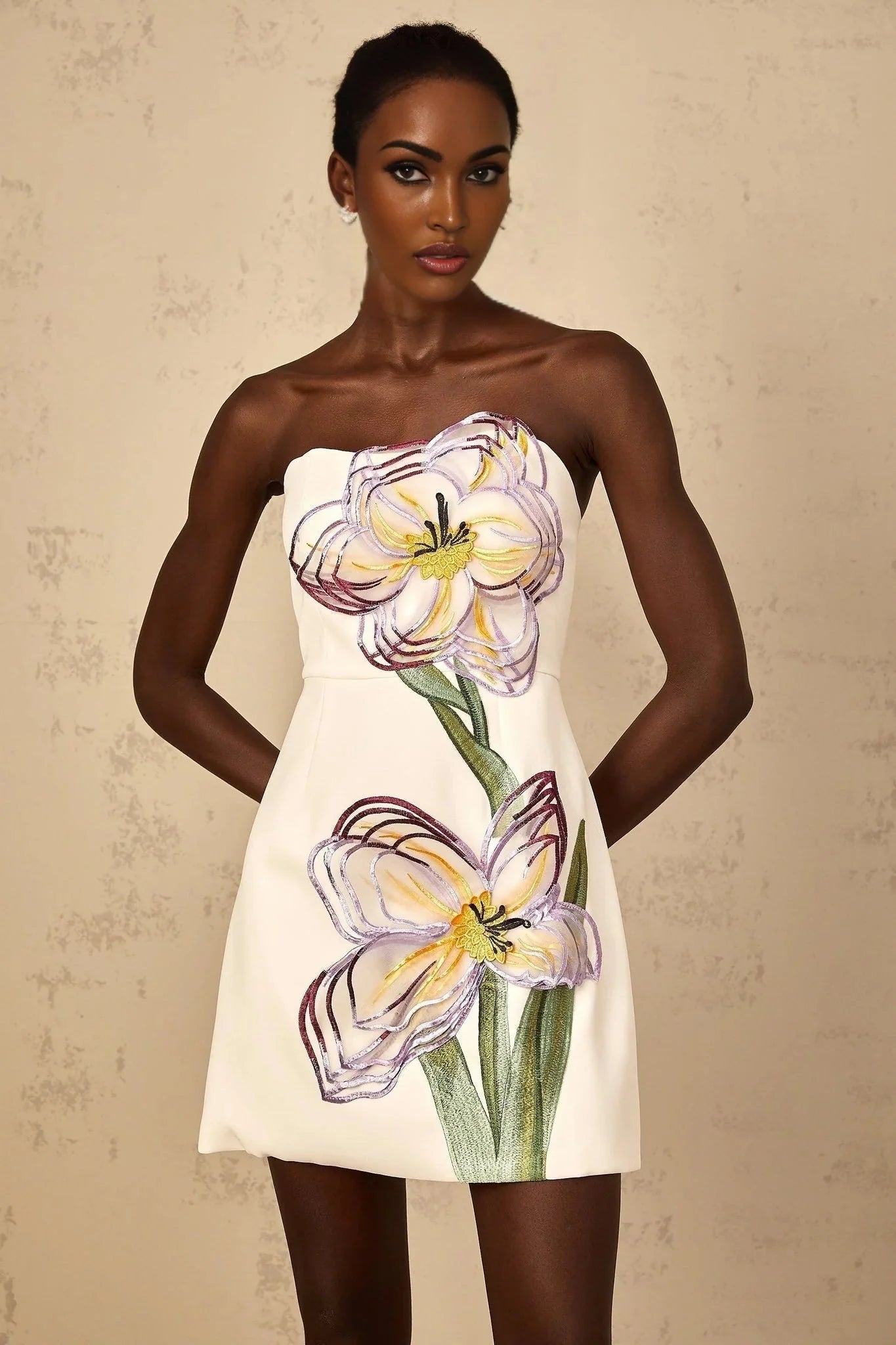 Ambra Mini Dress Sequin Floral Off - Shoulder White & Multicolor