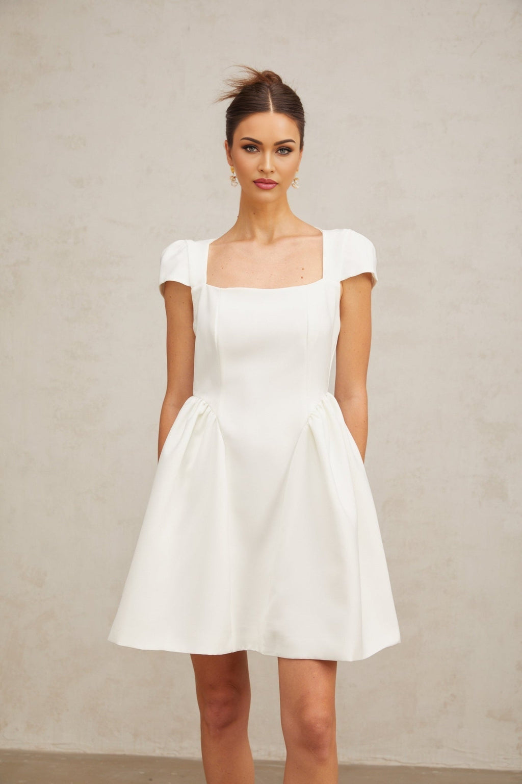 Ambra Mini Dress - Square Neck - Cap Sleeves - Open Back - Pleated Detailing