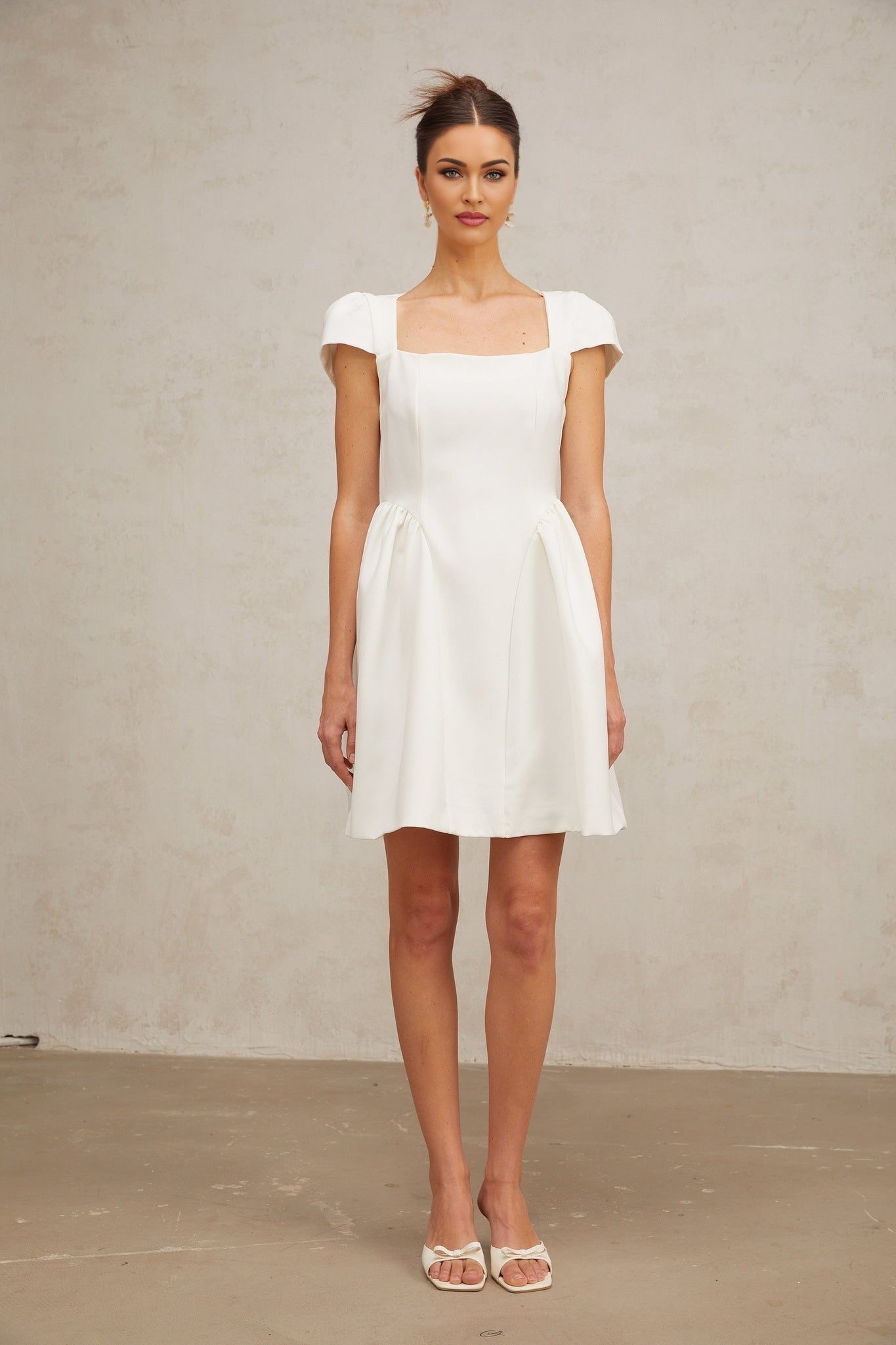 Ambra Mini Dress - Square Neck - Cap Sleeves - Open Back - Pleated Detailing