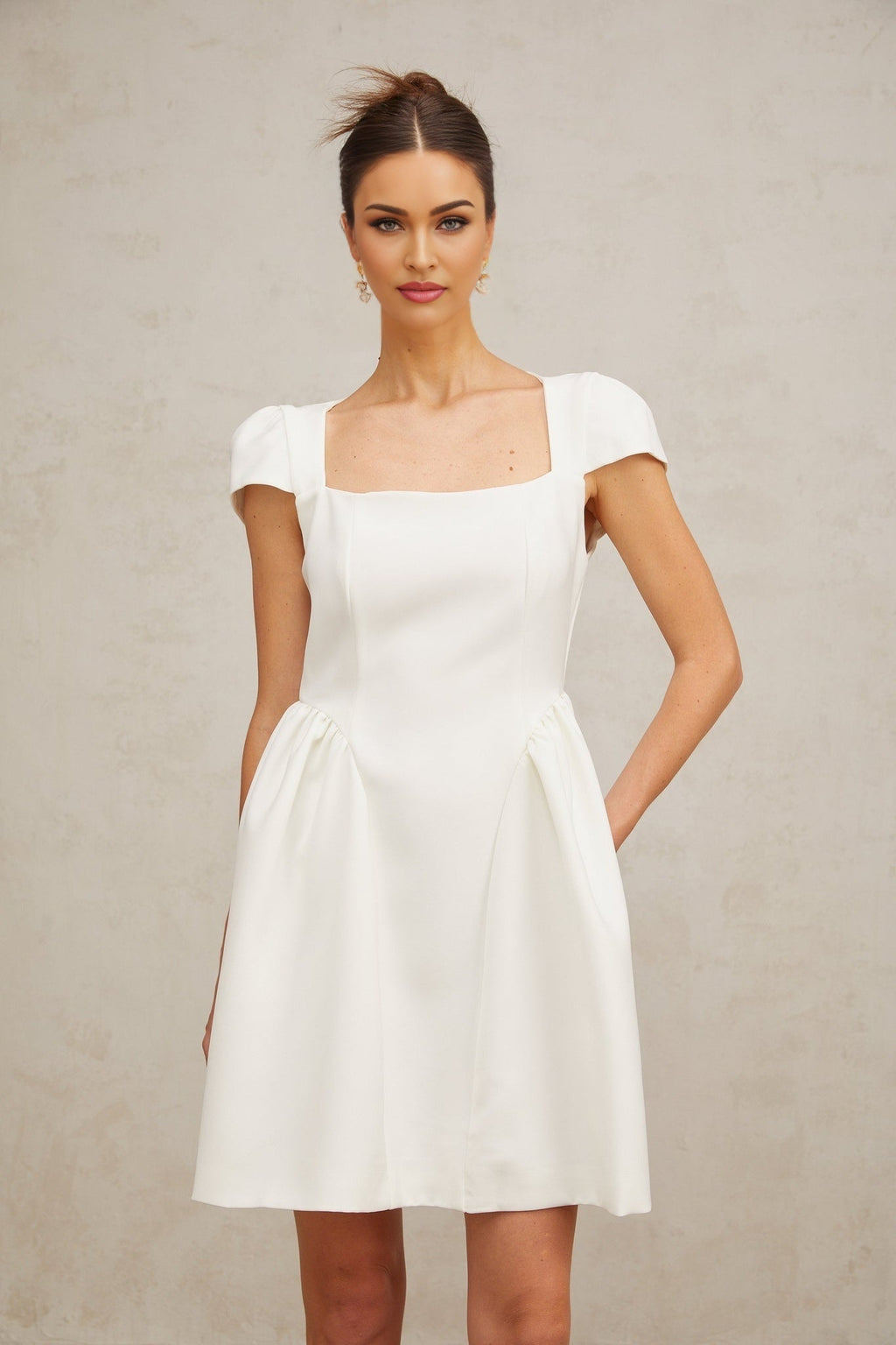 Ambra Mini Dress - Square Neck - Cap Sleeves - Open Back - Pleated Detailing