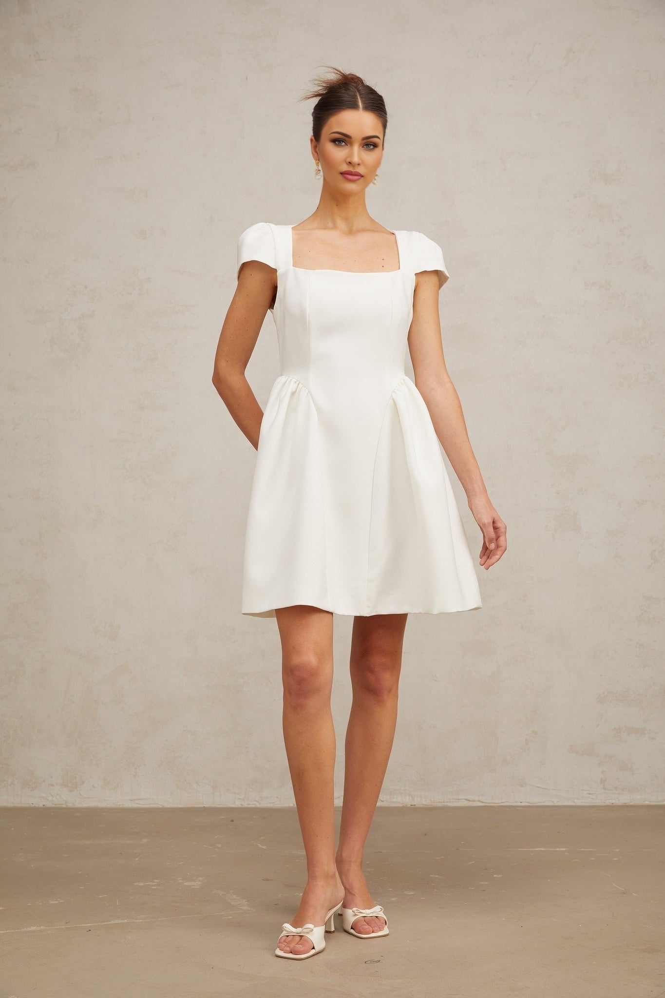 Ambra Mini Dress - Square Neck - Cap Sleeves - Open Back - Pleated Detailing