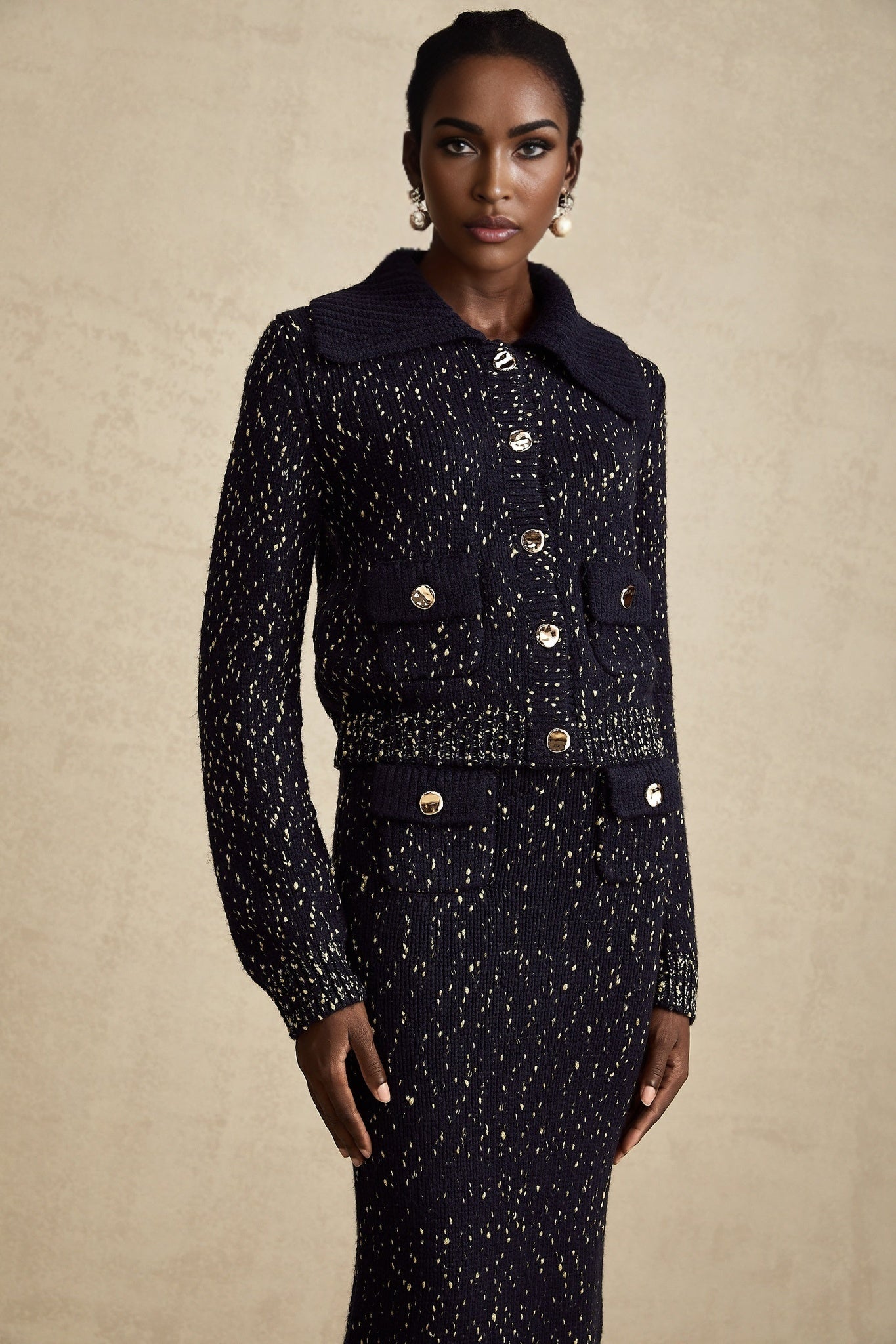 Ambrogina Jacket & Skirt Set - Crochet Knit - Metallic Threading - Wide Lapels - Flap Pockets - Elegant Design