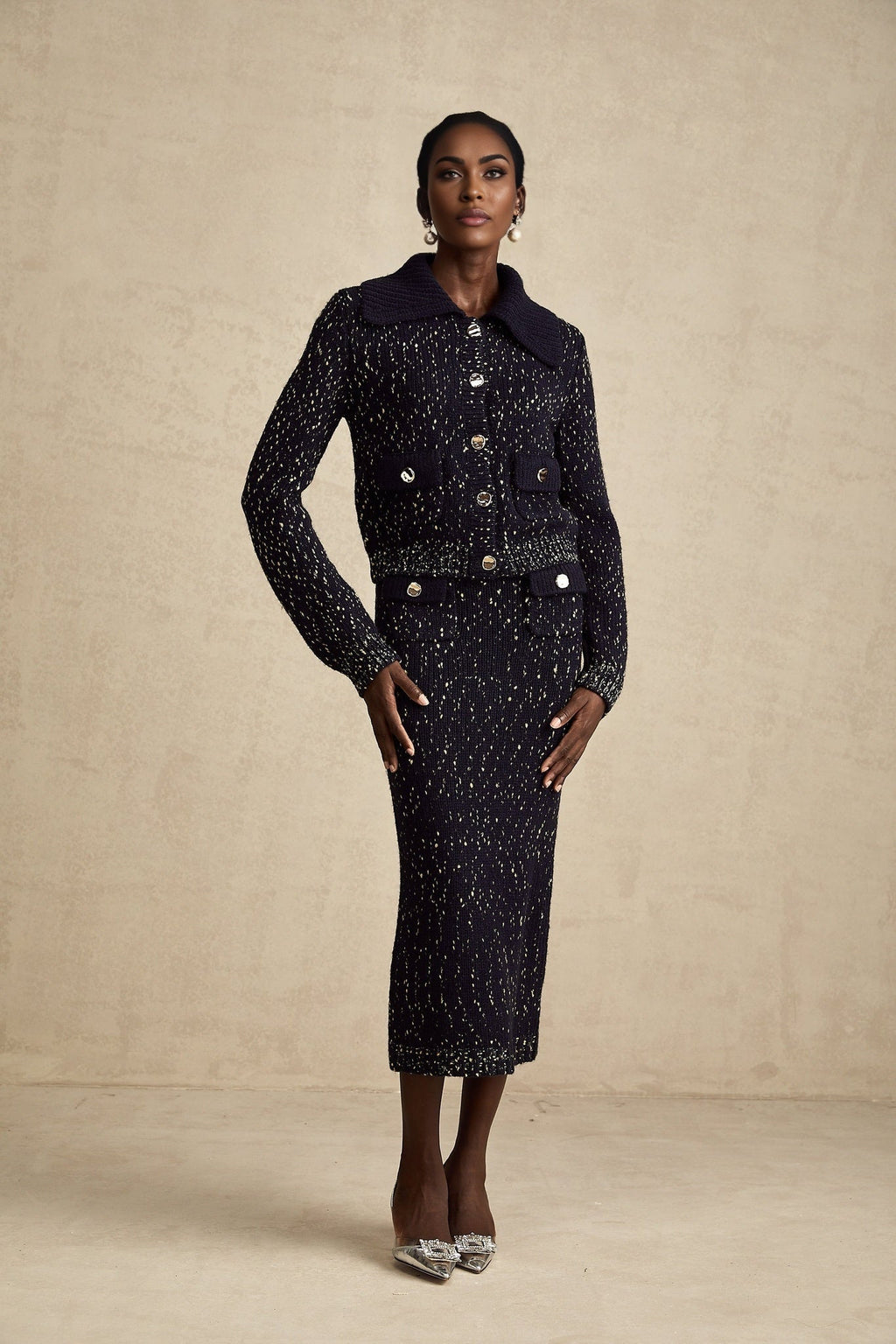 Ambrogina Jacket & Skirt Set - Crochet Knit - Metallic Threading - Wide Lapels - Flap Pockets - Elegant Design