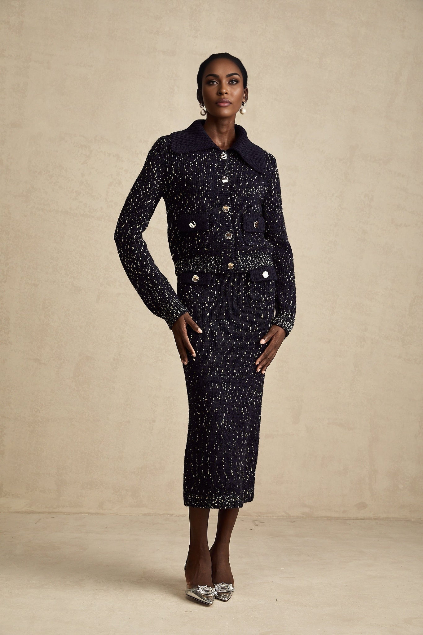 Ambrogina Jacket & Skirt Set - Crochet Knit - Metallic Threading - Wide Lapels - Flap Pockets - Elegant Design