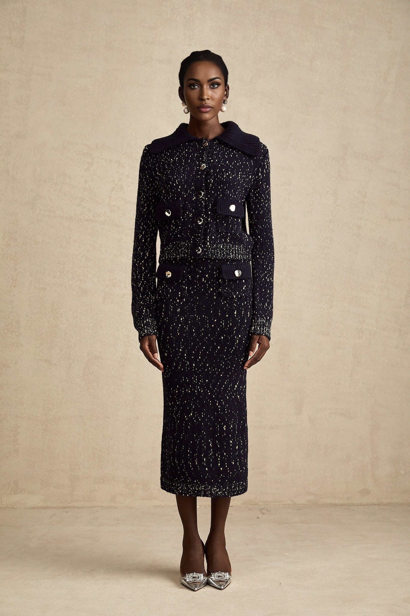 Ambrogina Jacket & Skirt Set - Crochet Knit - Metallic Threading - Wide Lapels - Flap Pockets - Elegant Design