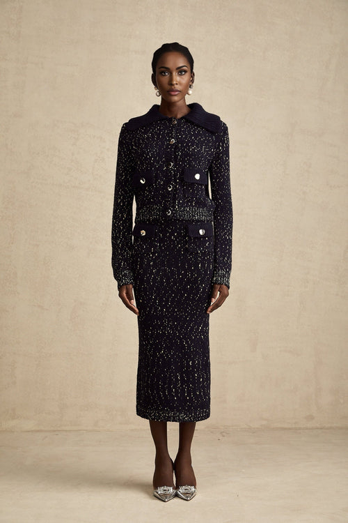 Ambrogina Jacket & Skirt Set - Crochet Knit - Metallic Threading - Wide Lapels - Flap Pockets - Elegant Design
