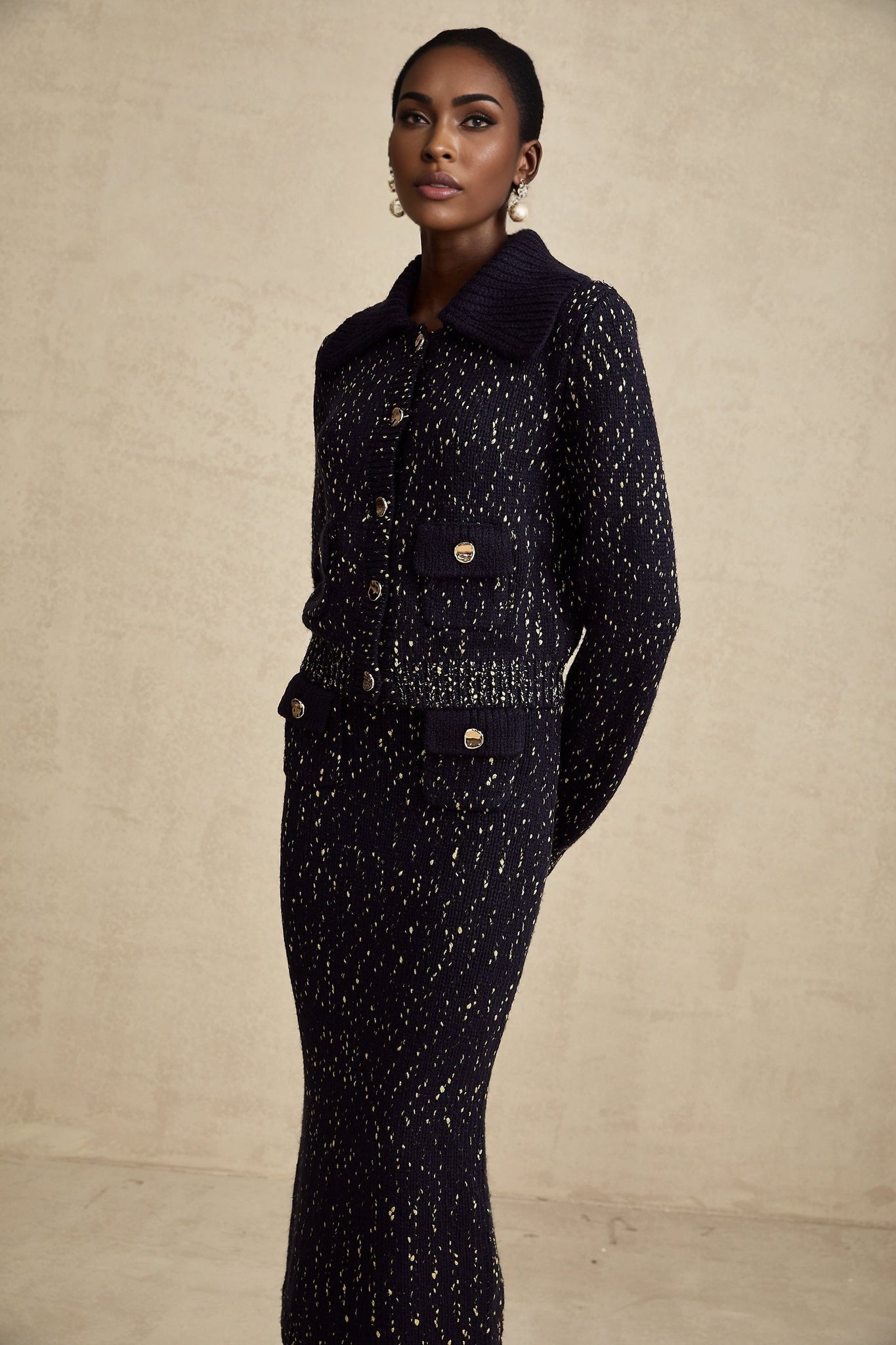 Ambrogina Jacket & Skirt Set - Crochet Knit - Metallic Threading - Wide Lapels - Flap Pockets - Elegant Design