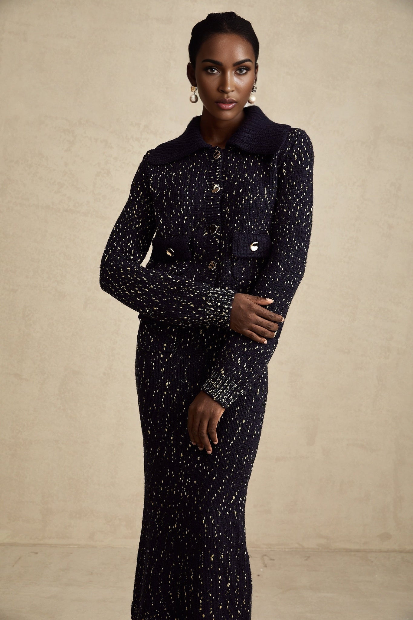 Ambrogina Jacket & Skirt Set - Crochet Knit - Metallic Threading - Wide Lapels - Flap Pockets - Elegant Design