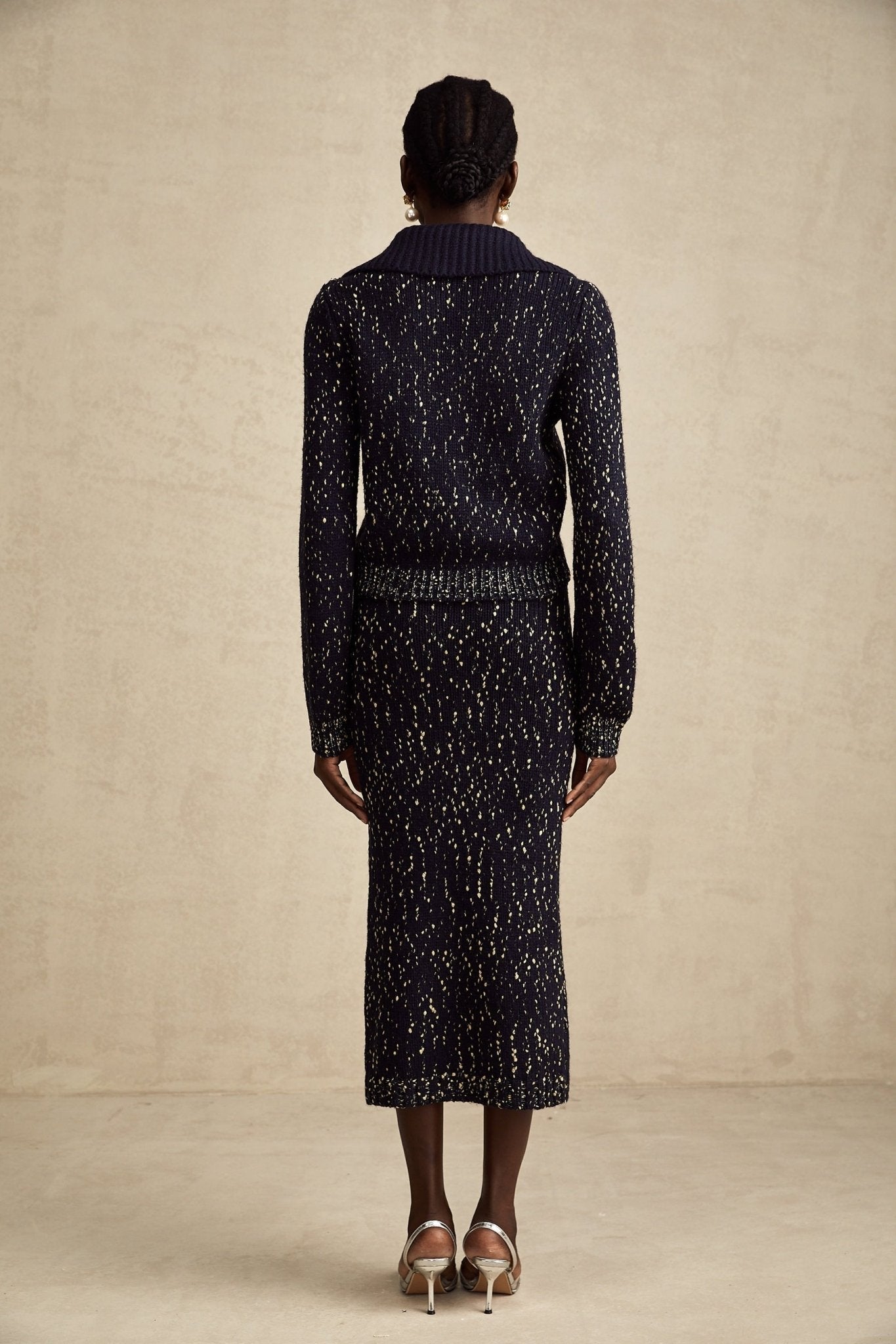 Ambrogina Jacket & Skirt Set - Crochet Knit - Metallic Threading - Wide Lapels - Flap Pockets - Elegant Design