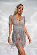 Ambrogina Silver Rhinestone Embellished Mini Dress with Fringe Detailing and V-Neckline