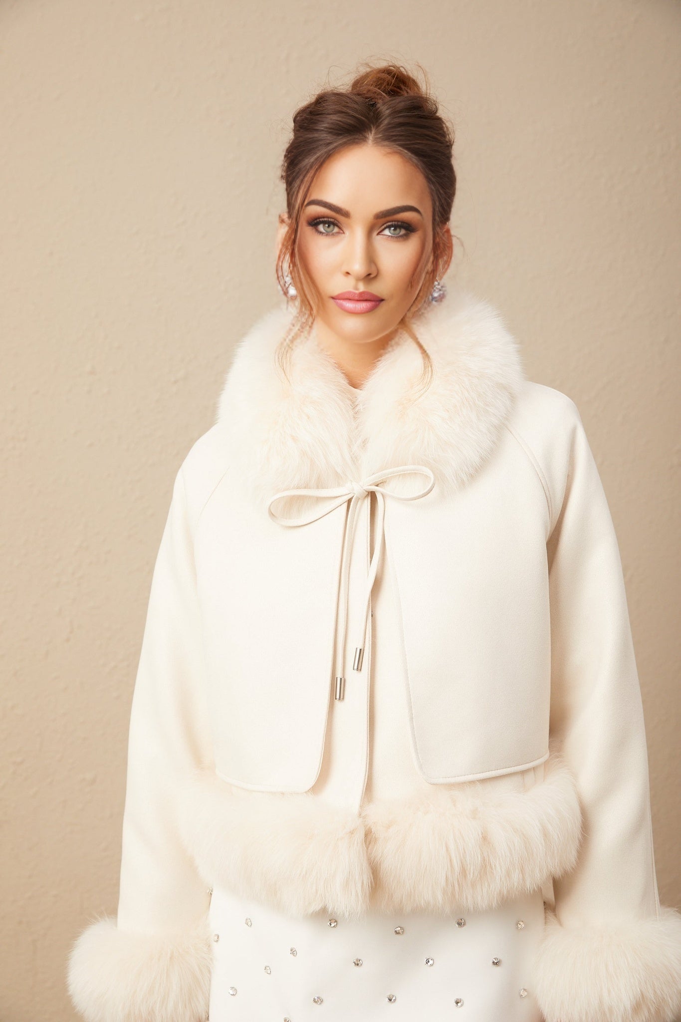 Amelia Coat - Lapel and Tied Neck - Raglan Sleeves - Padded Style - Cropped Length