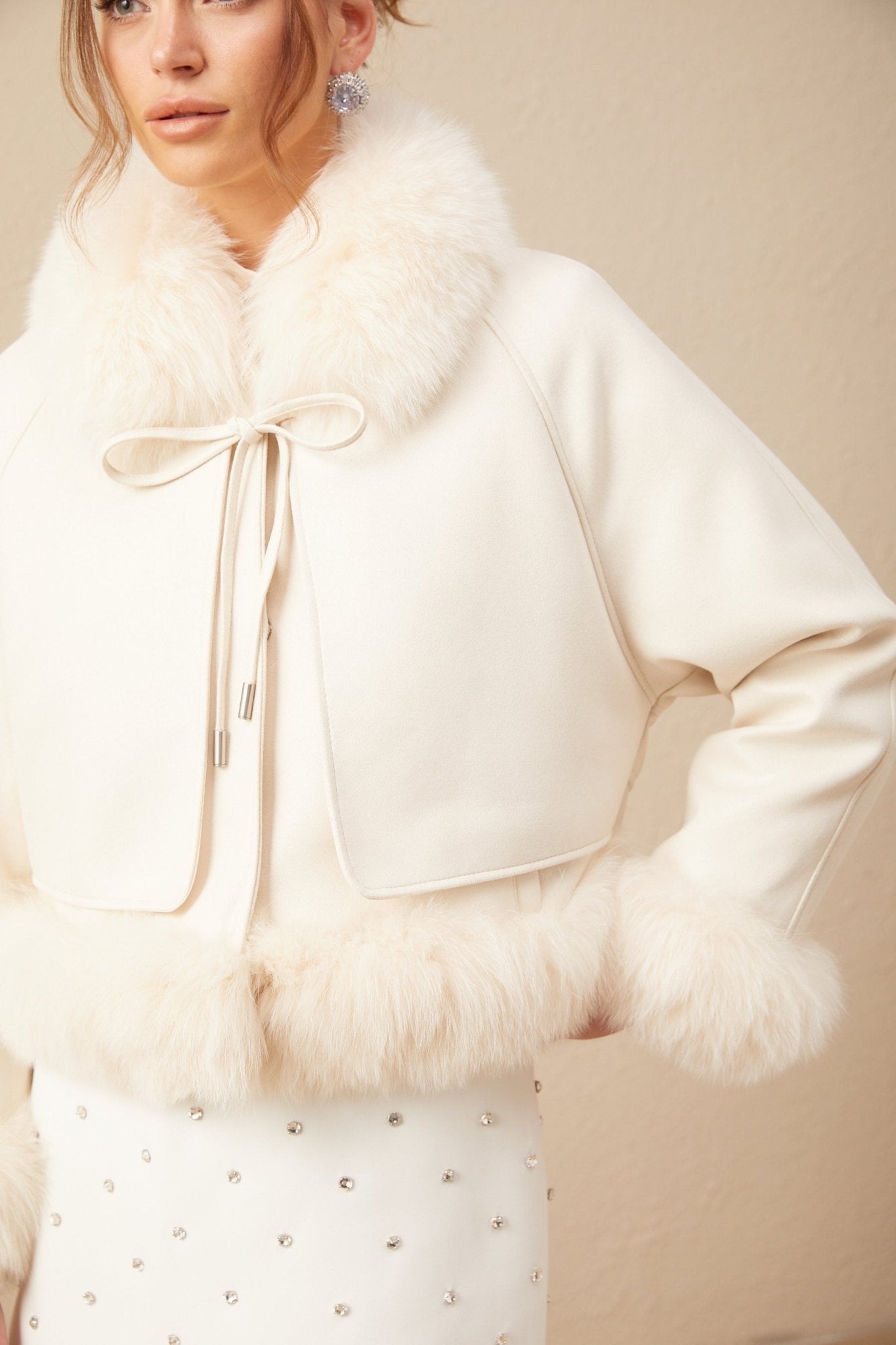 Amelia Coat - Lapel and Tied Neck - Raglan Sleeves - Padded Style - Cropped Length