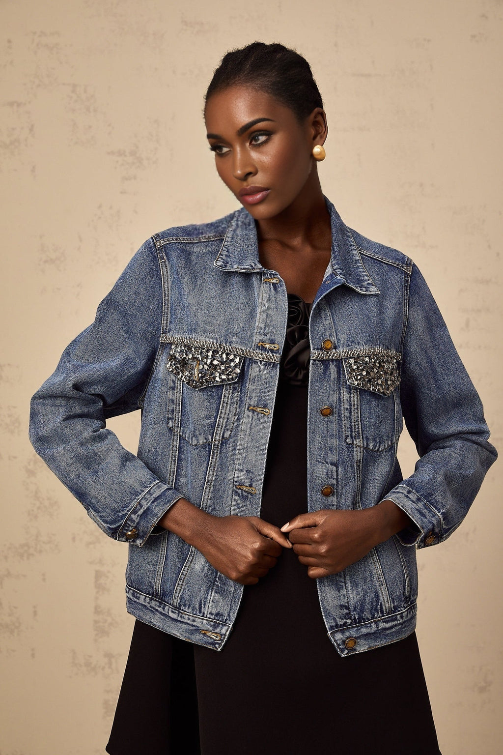 Amelia Denim Jacket - Notched lapels - Rhinestone embellishment - Buttoned cuffs - Front button fastening