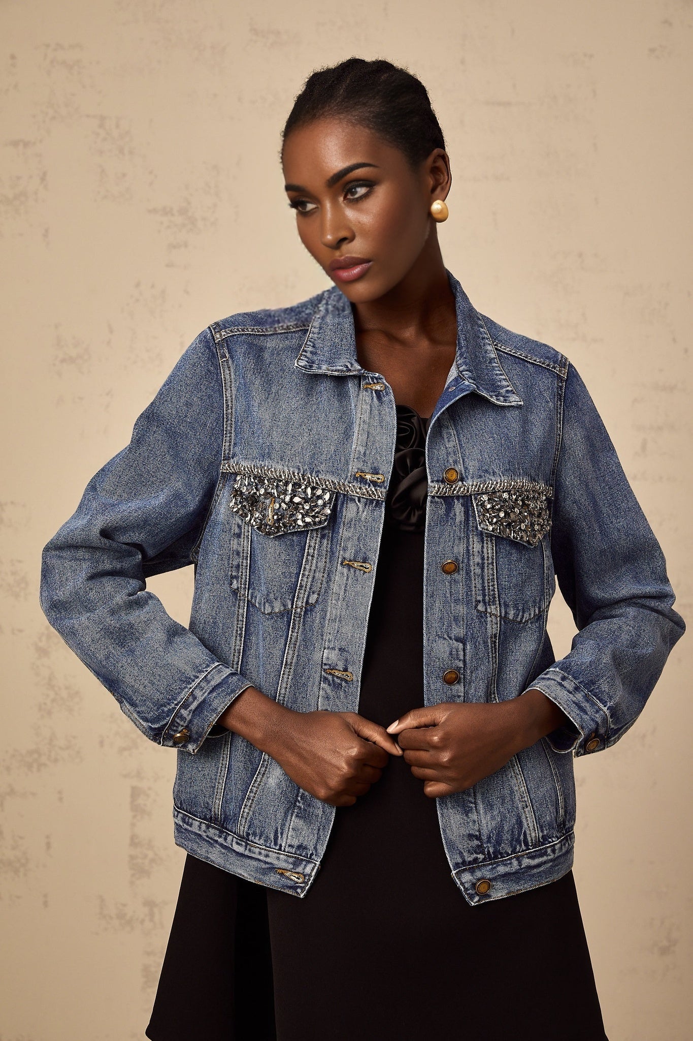 Amelia Denim Jacket - Notched lapels - Rhinestone embellishment - Buttoned cuffs - Front button fastening