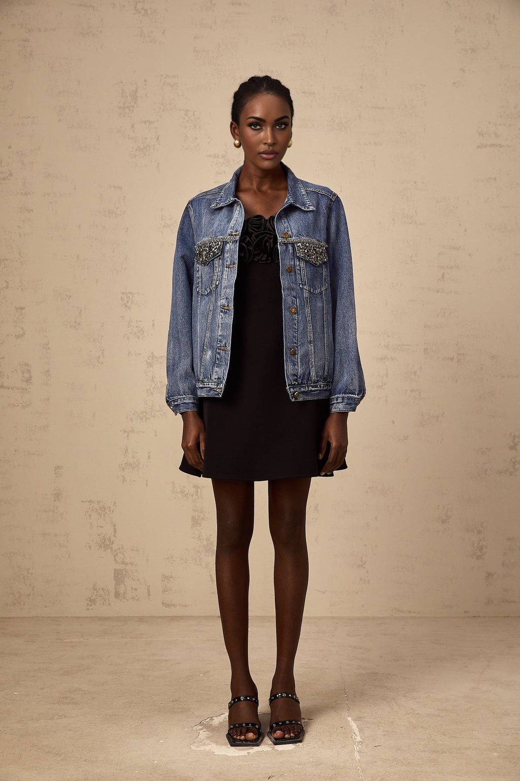 Amelia Denim Jacket - Notched lapels - Rhinestone embellishment - Buttoned cuffs - Front button fastening